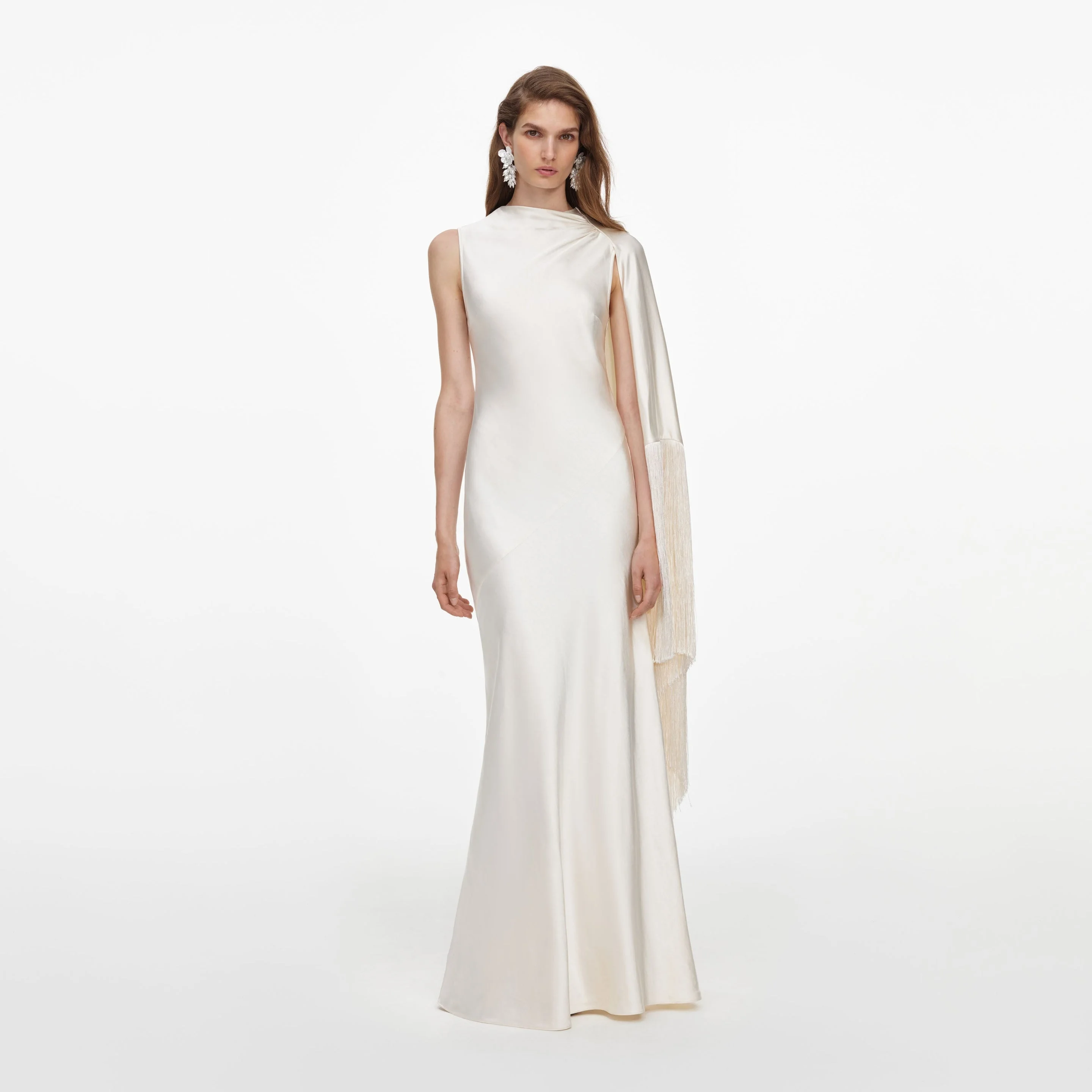 Cream Satin Fringed Maxi Dress - 1