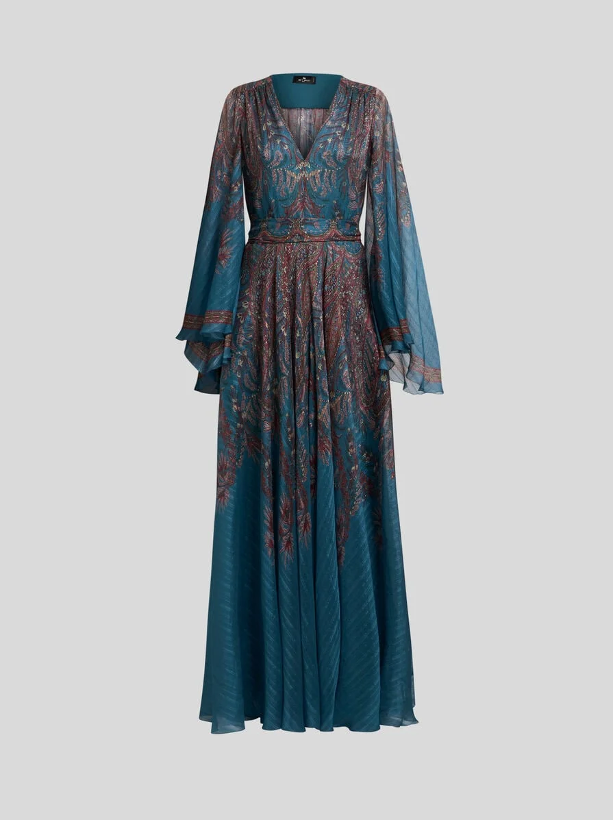 FLORAL PAISLEY LONG SILK DRESS - 1