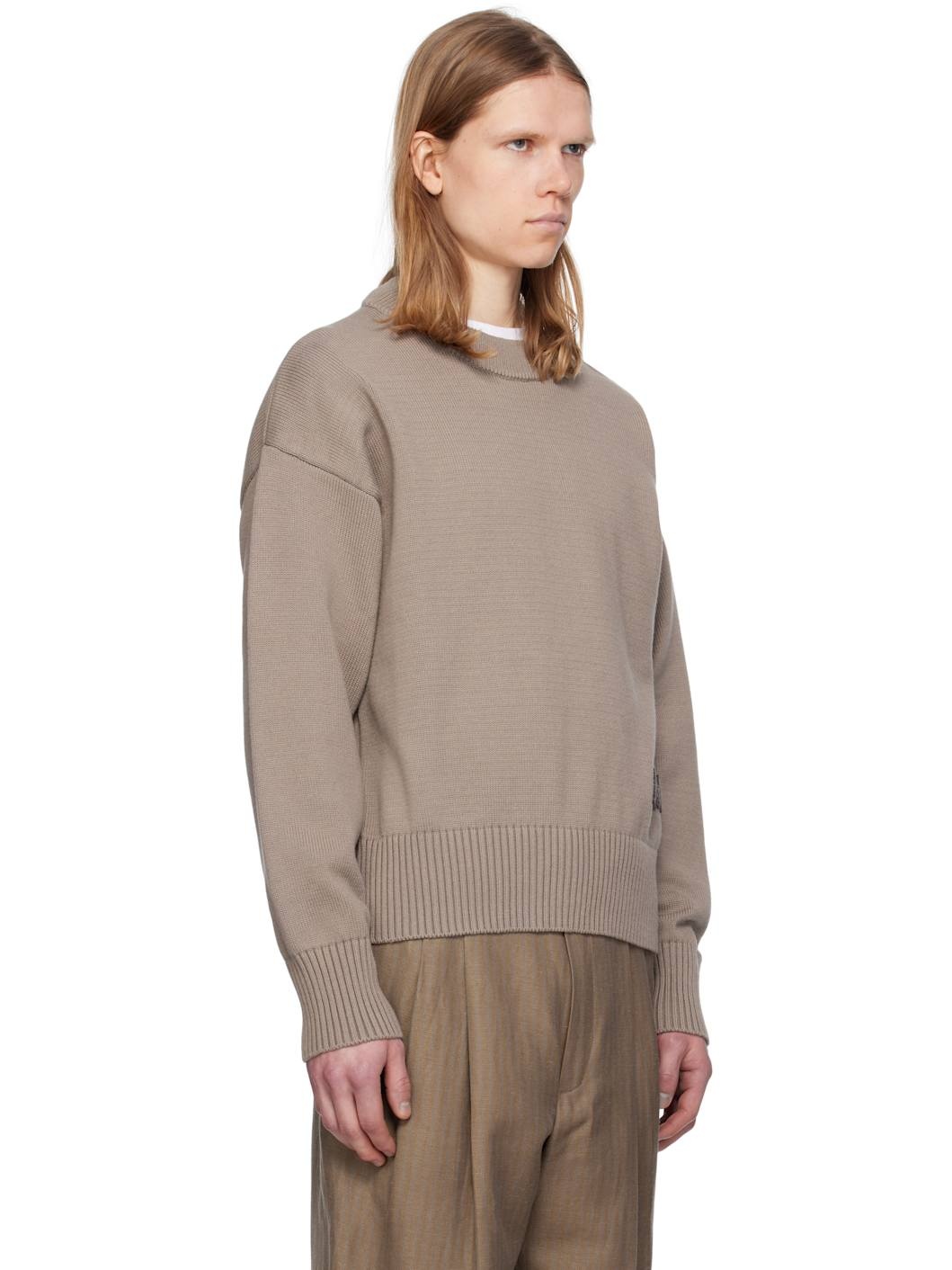 Taupe Cotton 'Ami' Embroidered Crewneck Sweater - 2