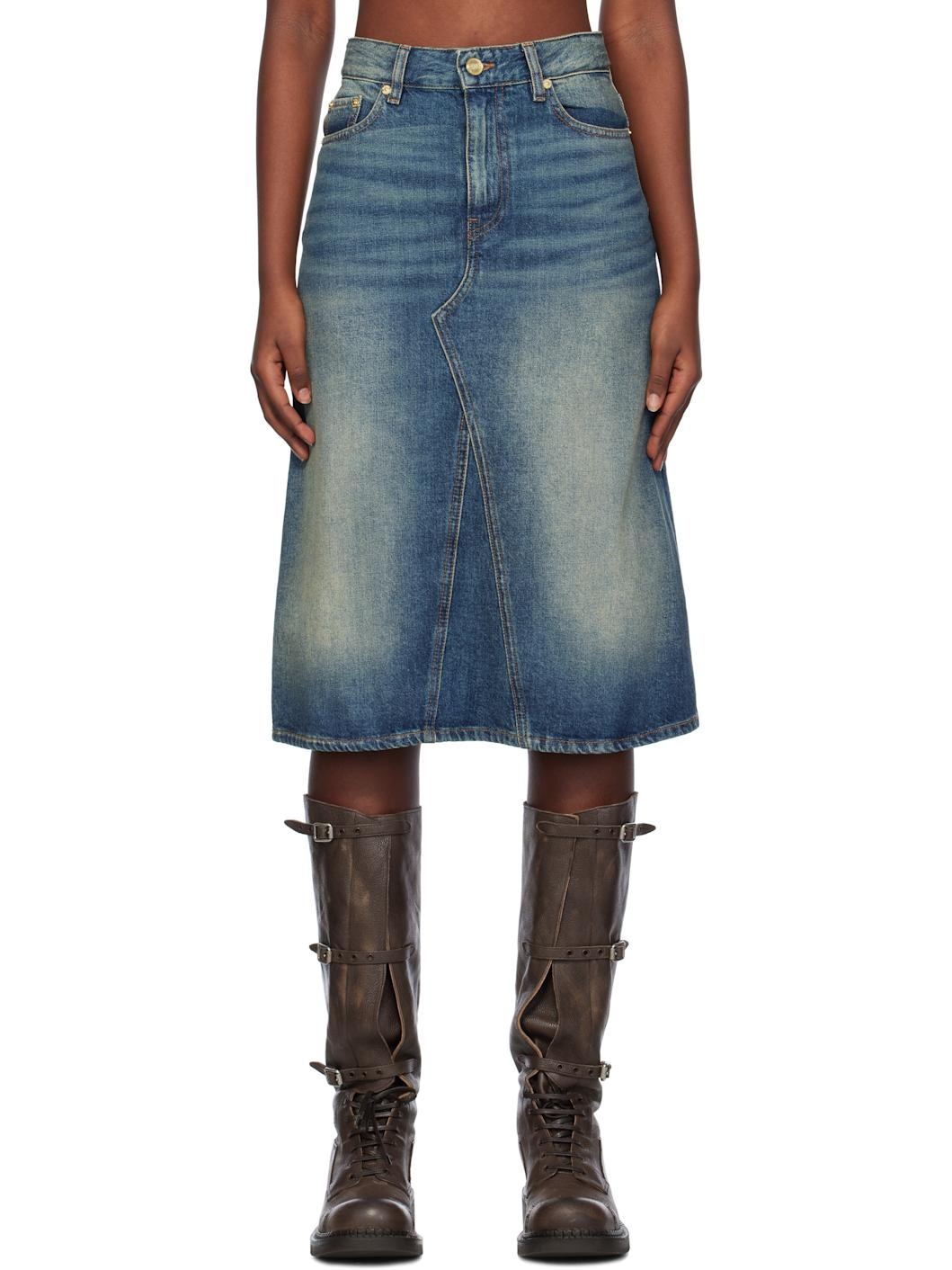 Blue Heavy Washed Denim Midi Skirt - 1