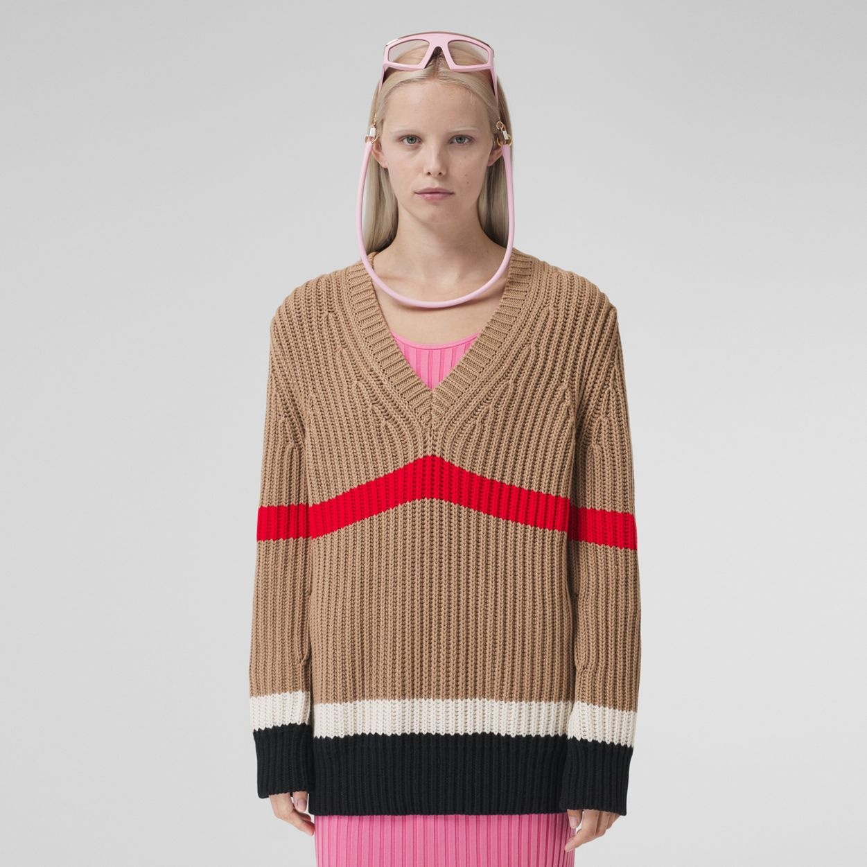 Striped Rib Knit Cashmere Cotton Oversized Sweater - 2