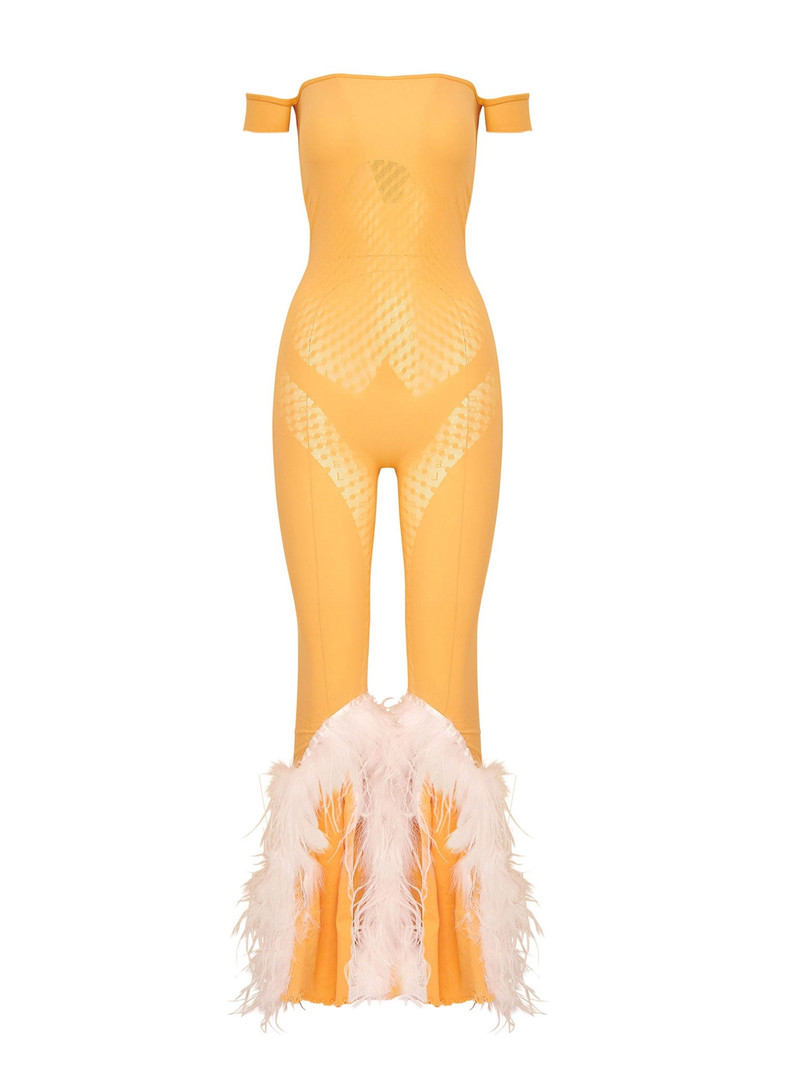 JUNIA JUMPSUIT IN PAPAYA SOFT PINK MARABOU FEATHERS 1