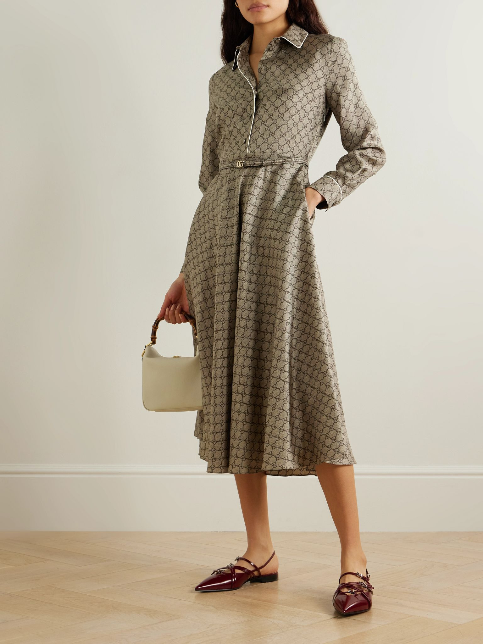 Belted piped printed silk-twill midi shirt dress Camel - 2