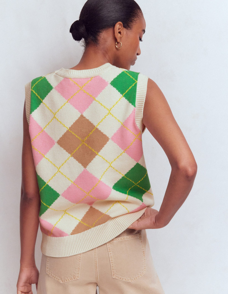 Lucy Cotton Vest-Green, Pink Argyle 6