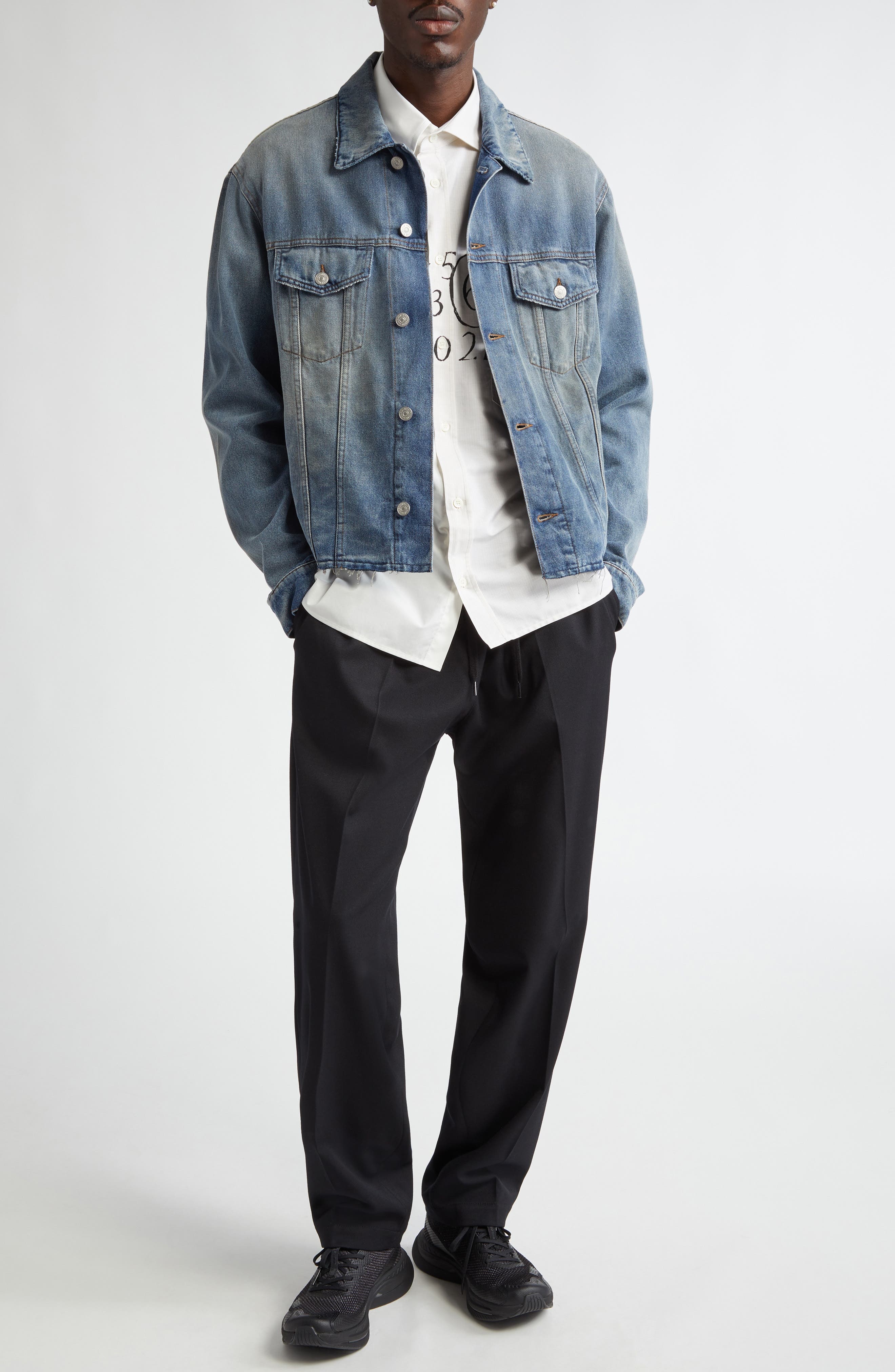 MM6 Maison Margiela Raw Hem Denim Trucker Jacket in Grey Blue at Nordstrom - 2