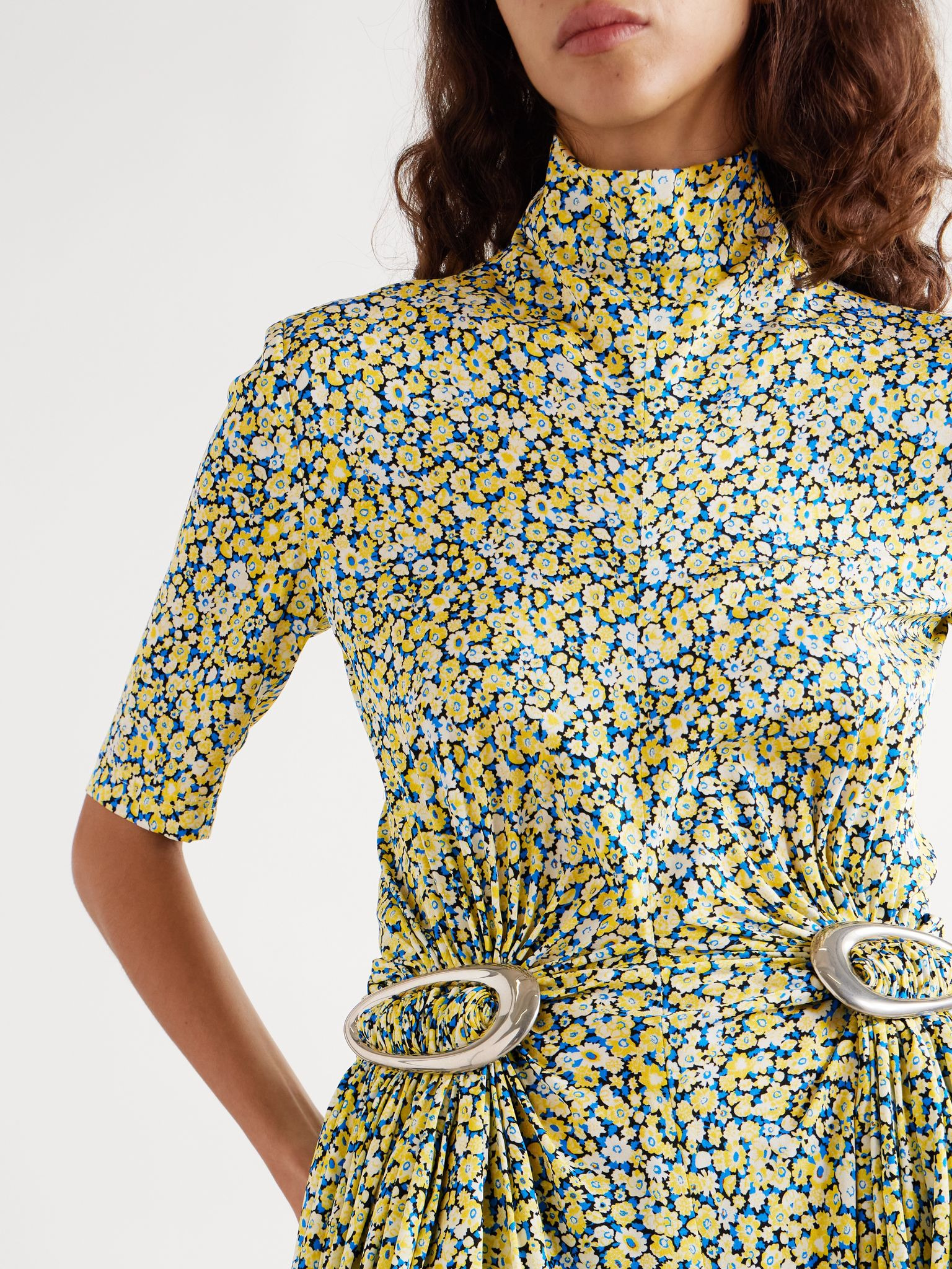 Embellished gathered pleated floral-print crepe turtleneck midi dress Multi - 5