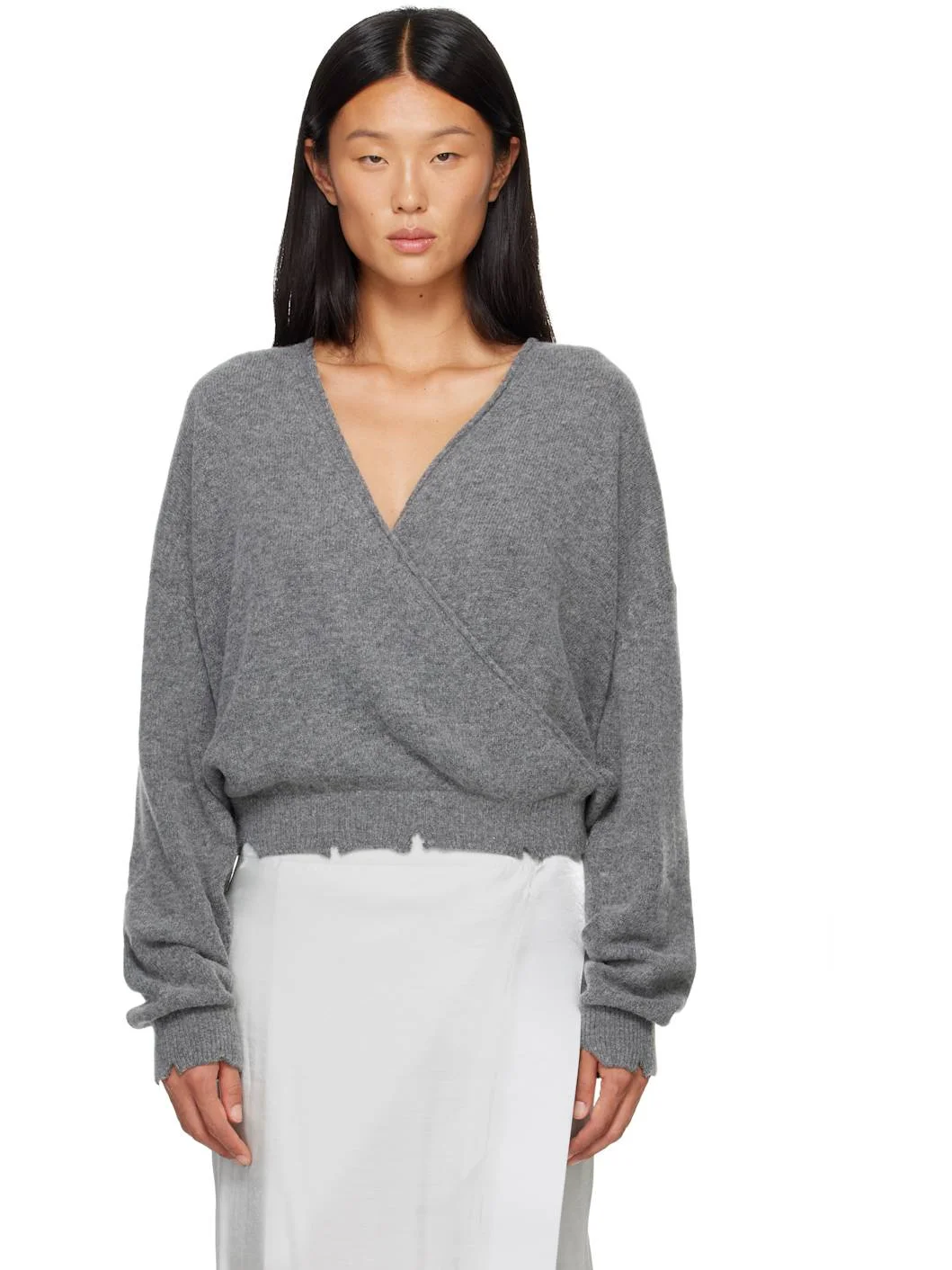 Gray Wool Criss Cross Wrap Knit Sweater - 1