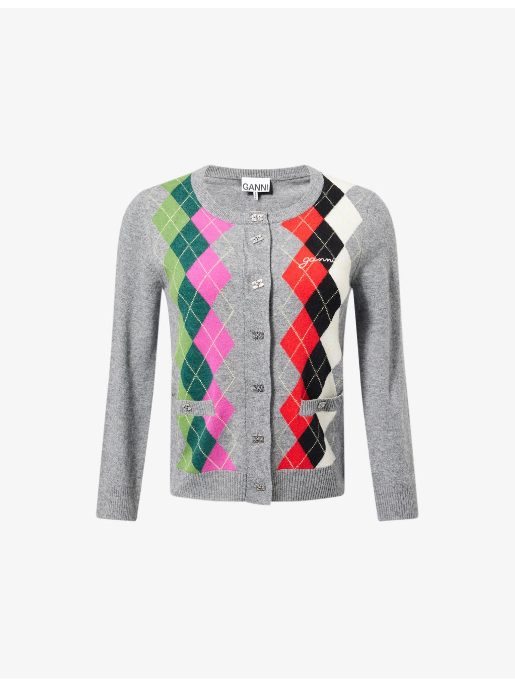Rhombus-Print Round-Neck Wool And Cashmere Cardigan - 1