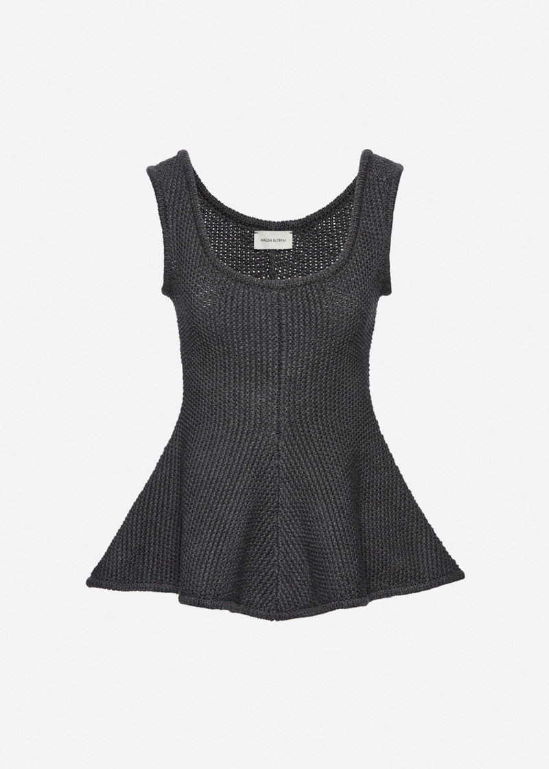 Sleeveless cotton and linen peplum top in grey 1