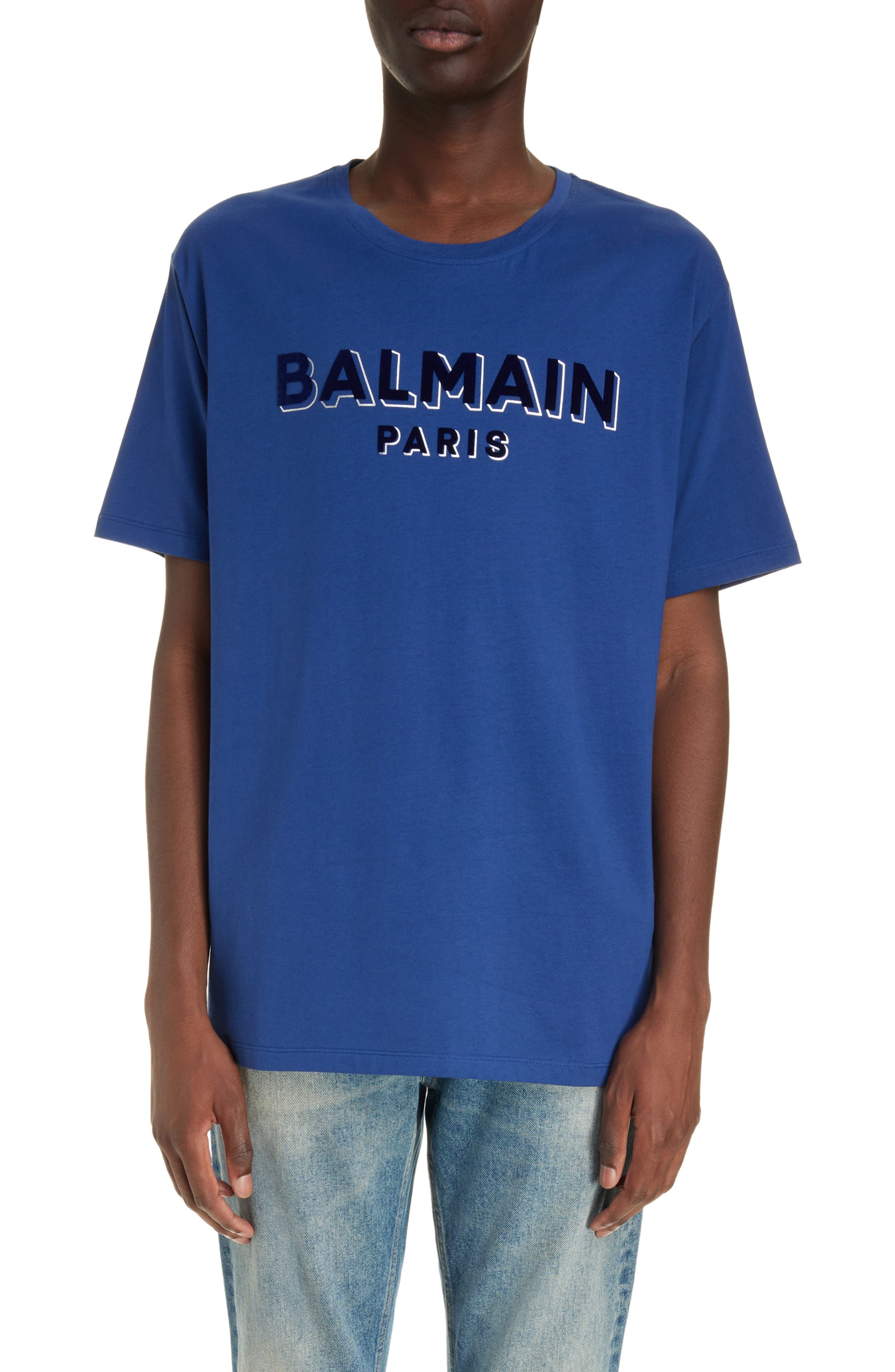 Balmain Flock & Foil Logo Graphic T-Shirt in Slk Dark Blue/Multi at Nordstrom - 1
