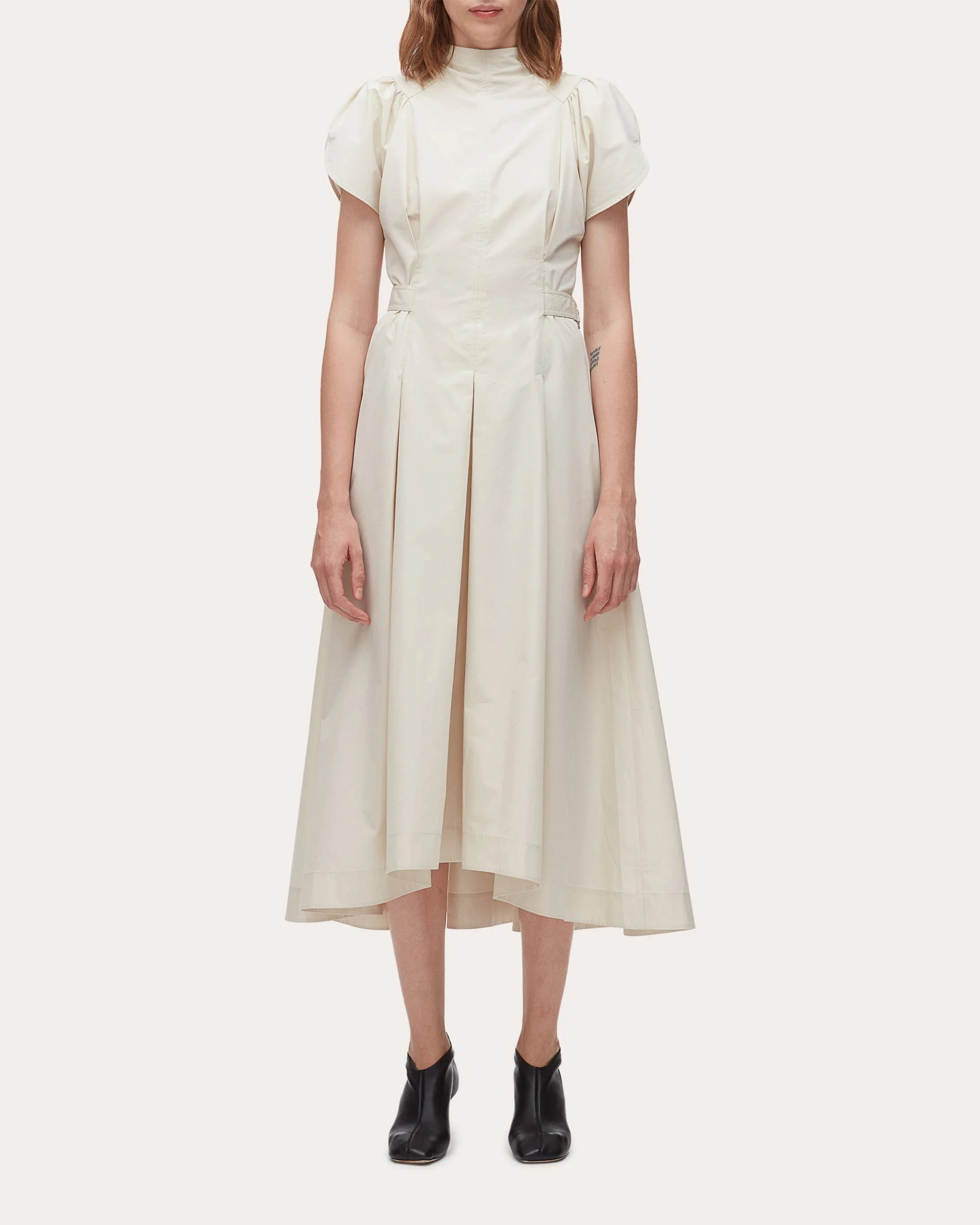 Cotton Poplin Pleated Tulip-Sleeve Midi Dress - 1