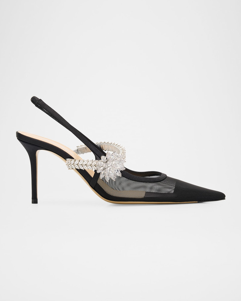 Embellished Lotus Flower Mesh Slingback Pumps 1