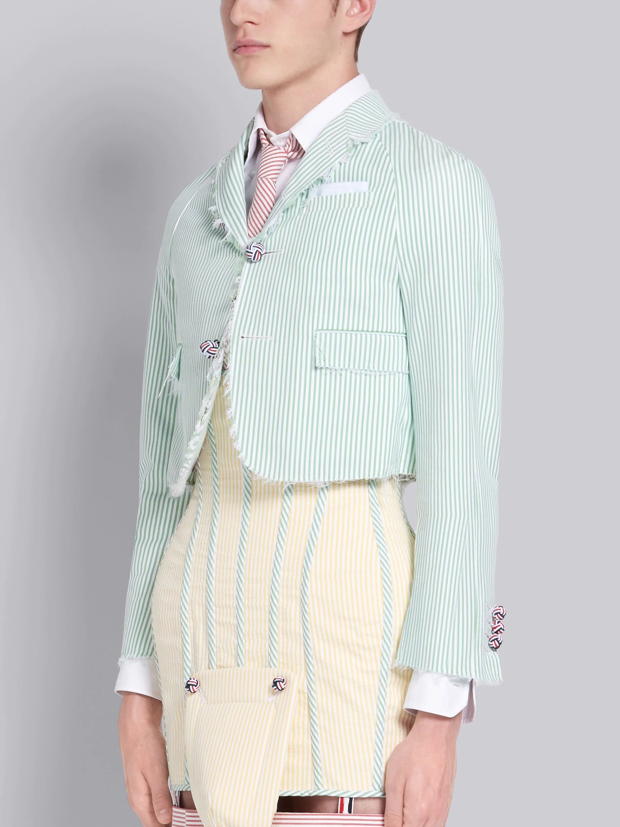 Green Seersucker Stripe Cropped Frayed Sport Coat - 2