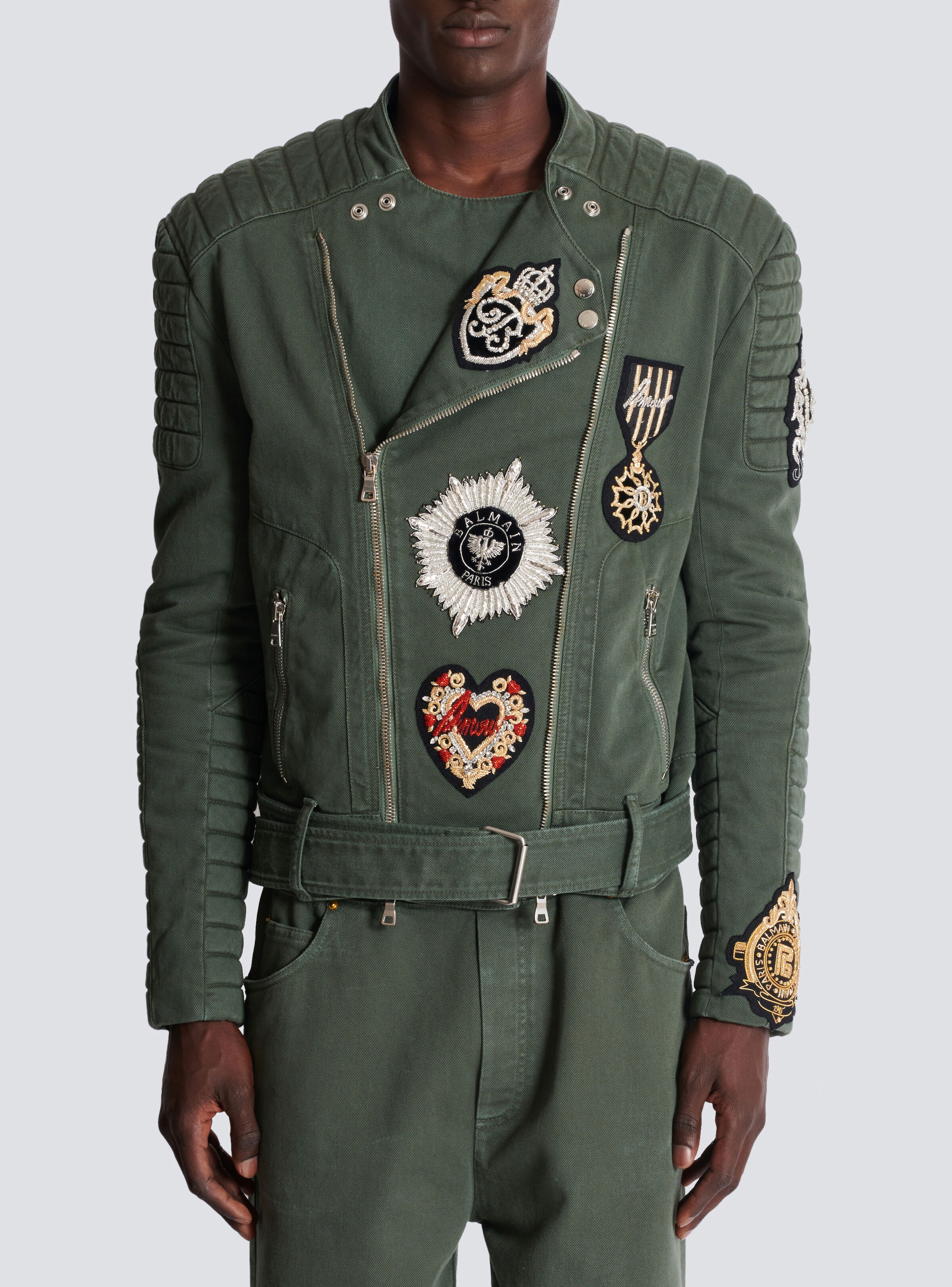 Denim biker jacket with embroidered patches - 5