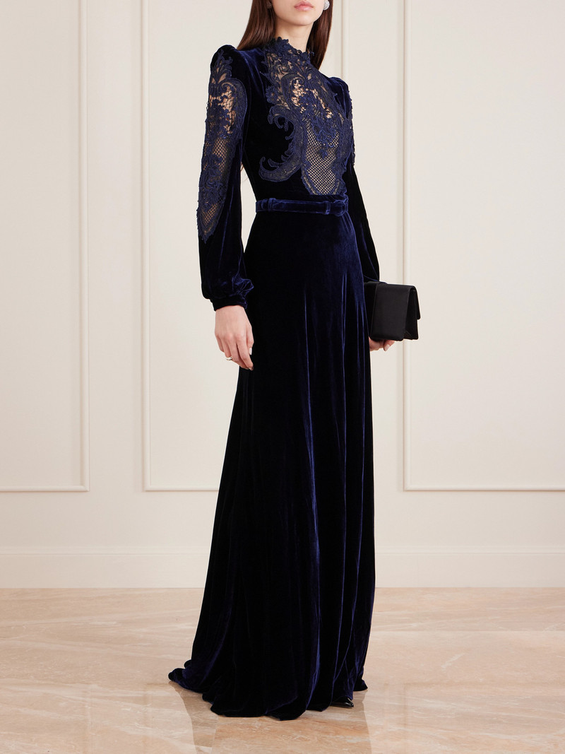 COSTARELLOS Belted Lace-paneled Velvet Gown outlook