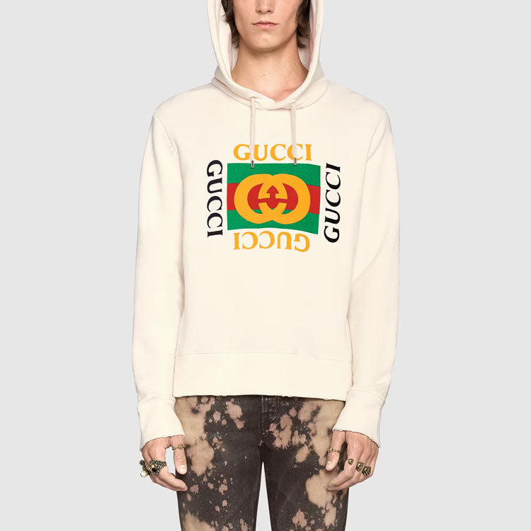 Gucci Vintage Double Ring Logo Printed Hooded Drawstring Sweatshirt Men's White 454585-X5J57-9541 - 4