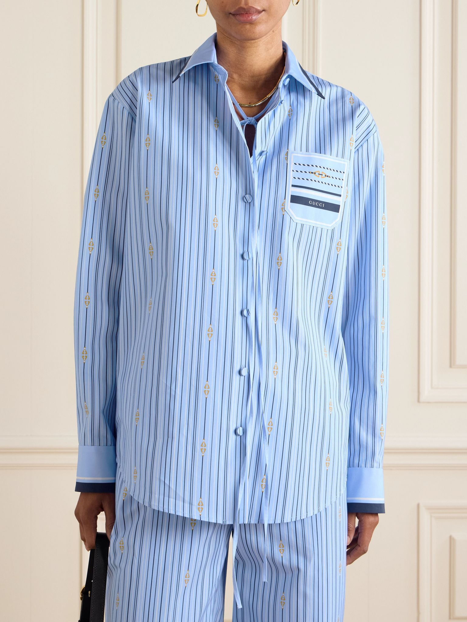 Tie-neck printed cotton-poplin shirt Azure - 3