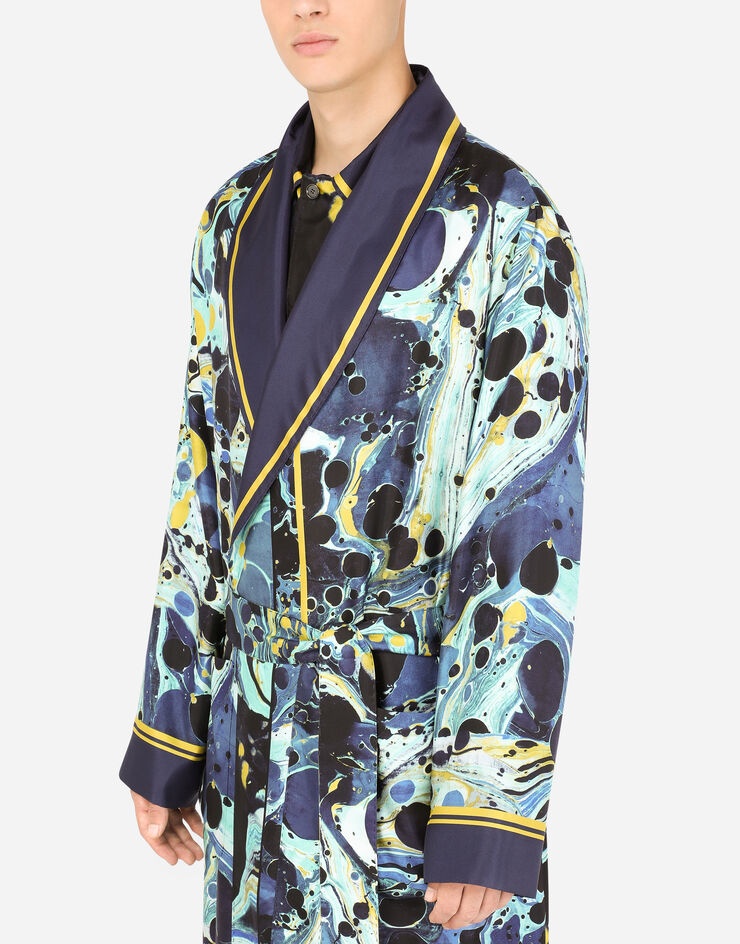 Silk robe with blue marbled print - 4