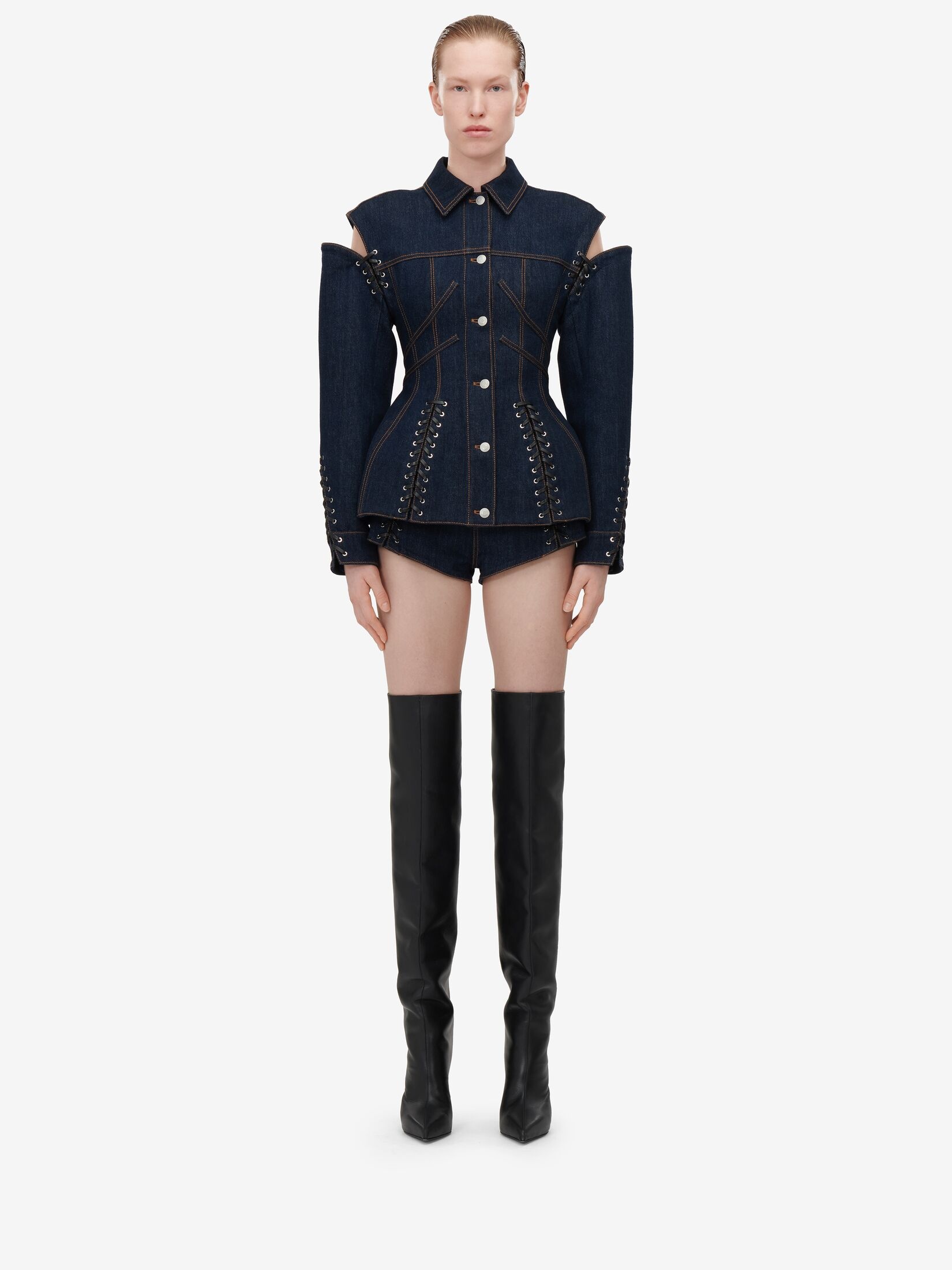 Women's Lace Detail Slashed Denim Jacket in Denim - 2