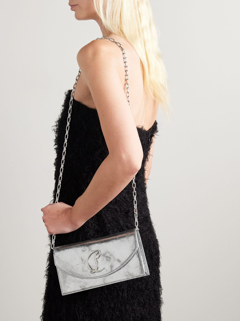 Christian Louboutin Loubi54 embellished metallic cracked-leather shoulder bag Silver outlook