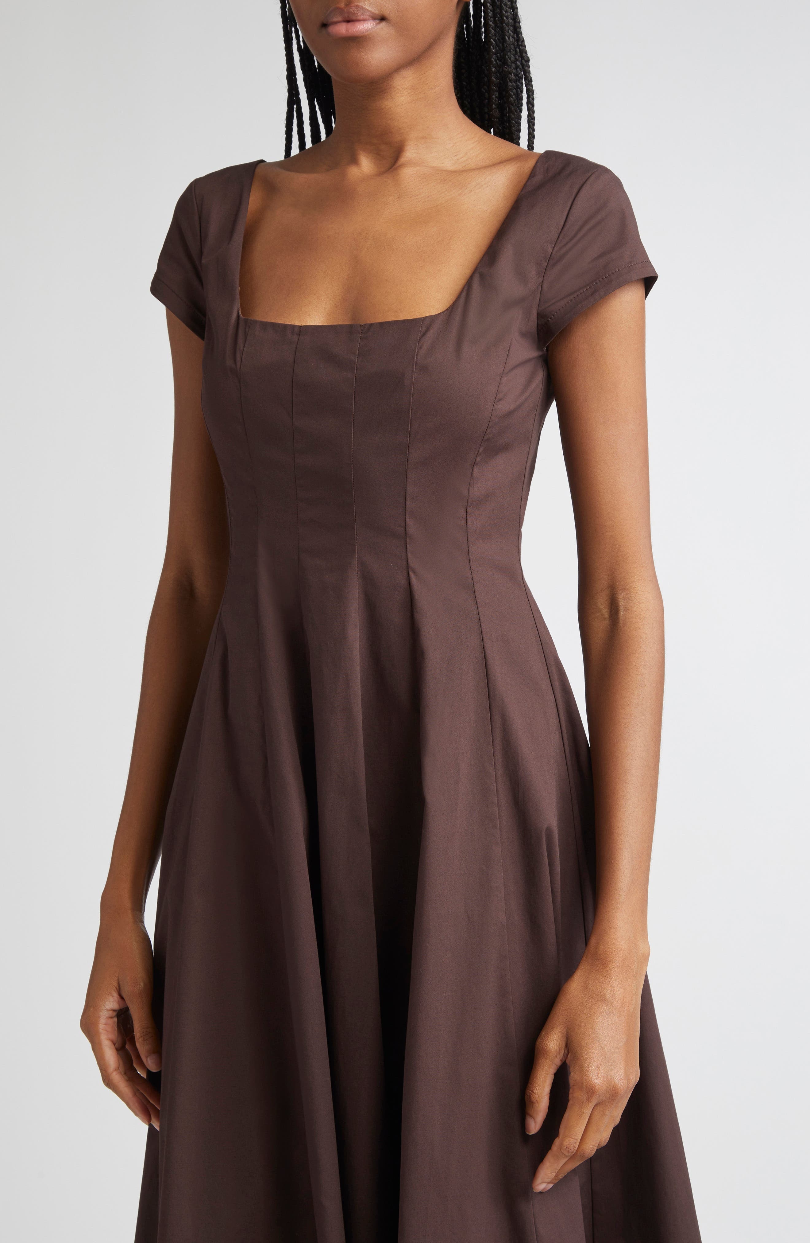 STAUD Wells Short Sleeve Stretch Cotton Midi Dress in Earth at Nordstrom - 4