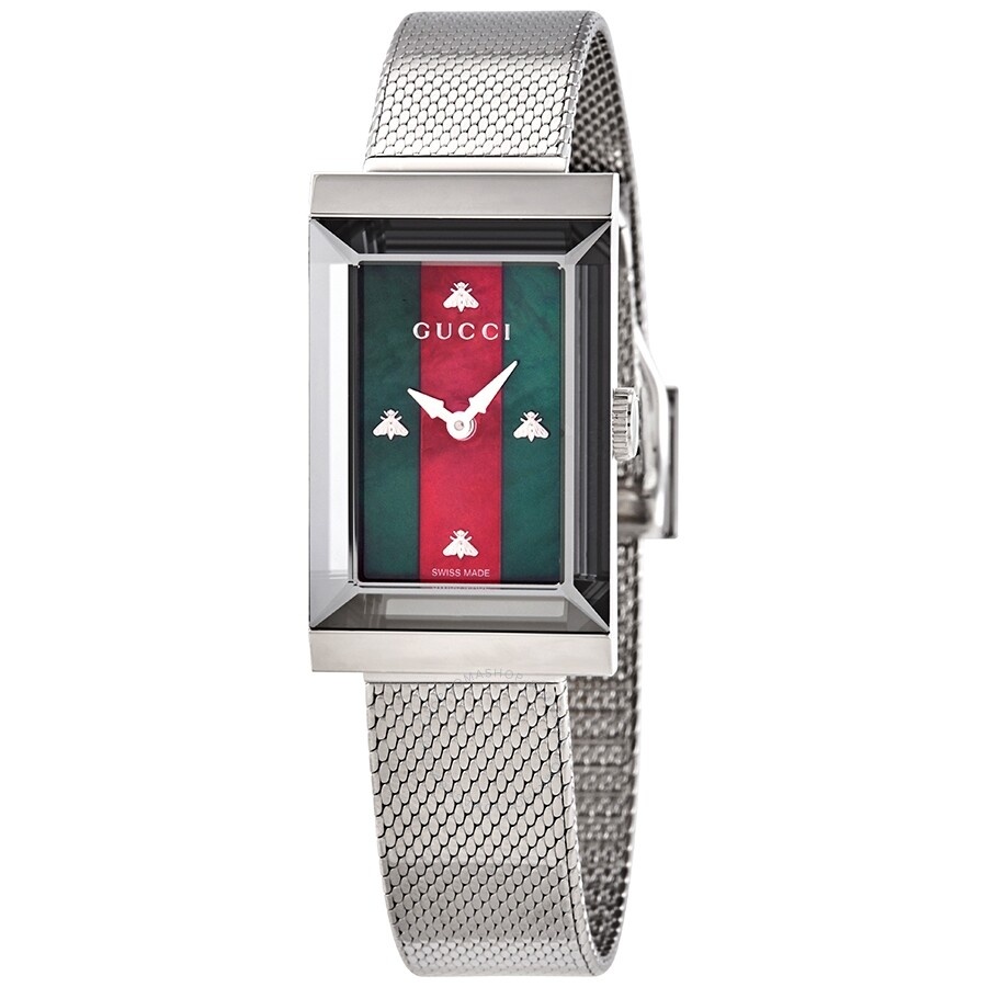 Gucci G-Frame Quartz Green and Red Web Mother of Pearl Dial Ladies Watch YA147401 - 1