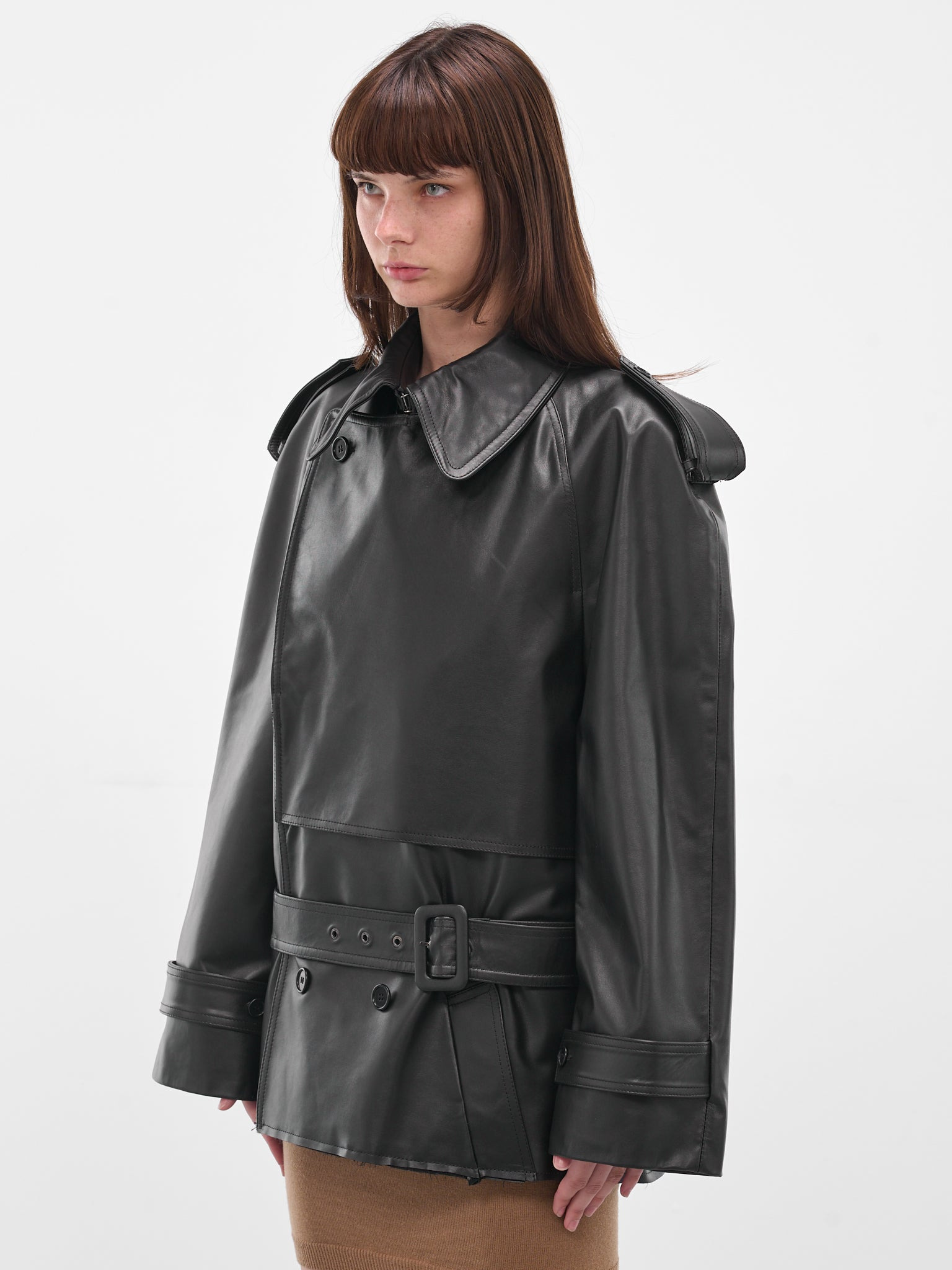 Black Leather Cropped Trench Jacket - 2
