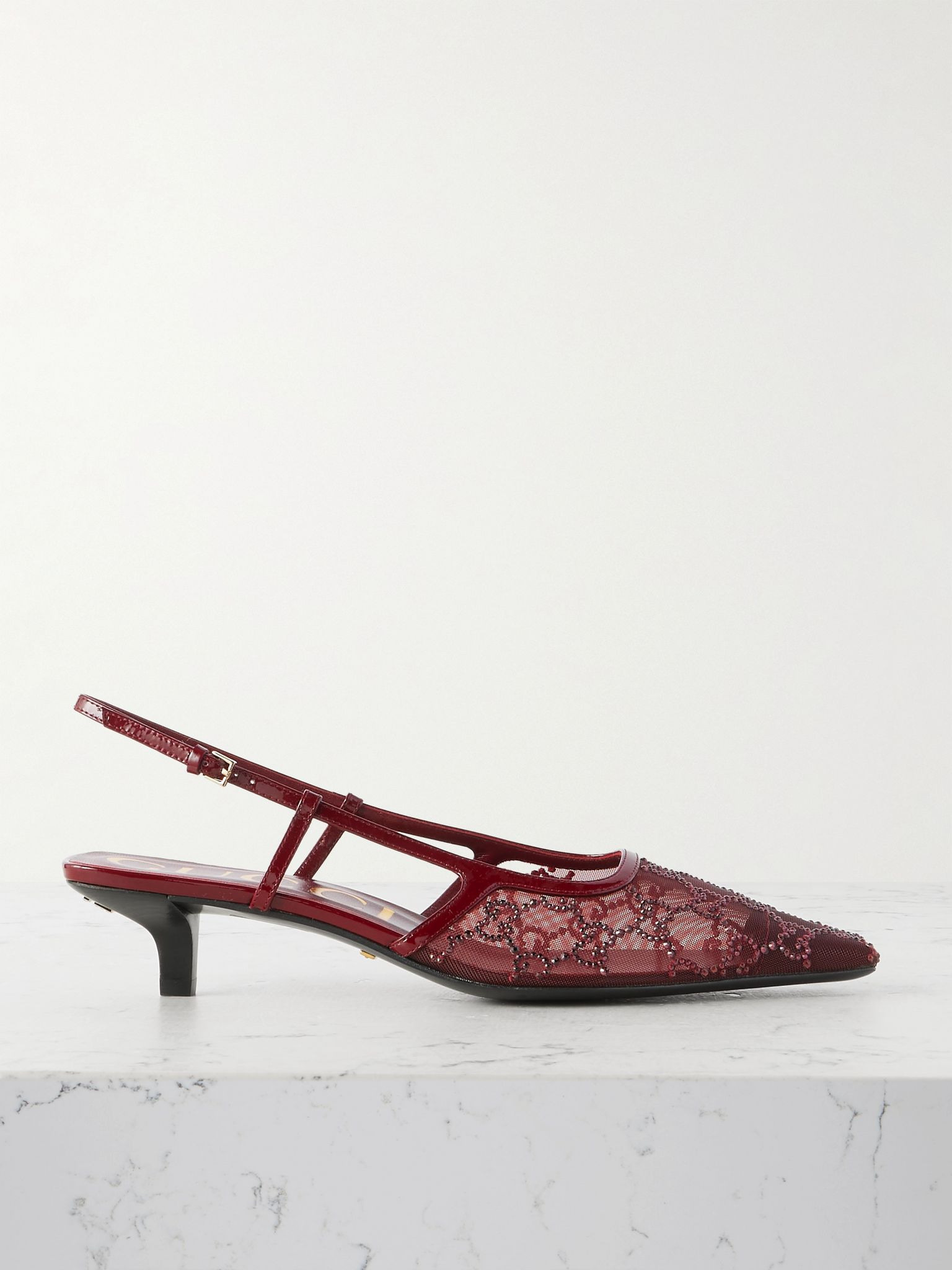 Demi patent leather-trimmed crystal-embellished mesh slingback pumps Burgundy - 1