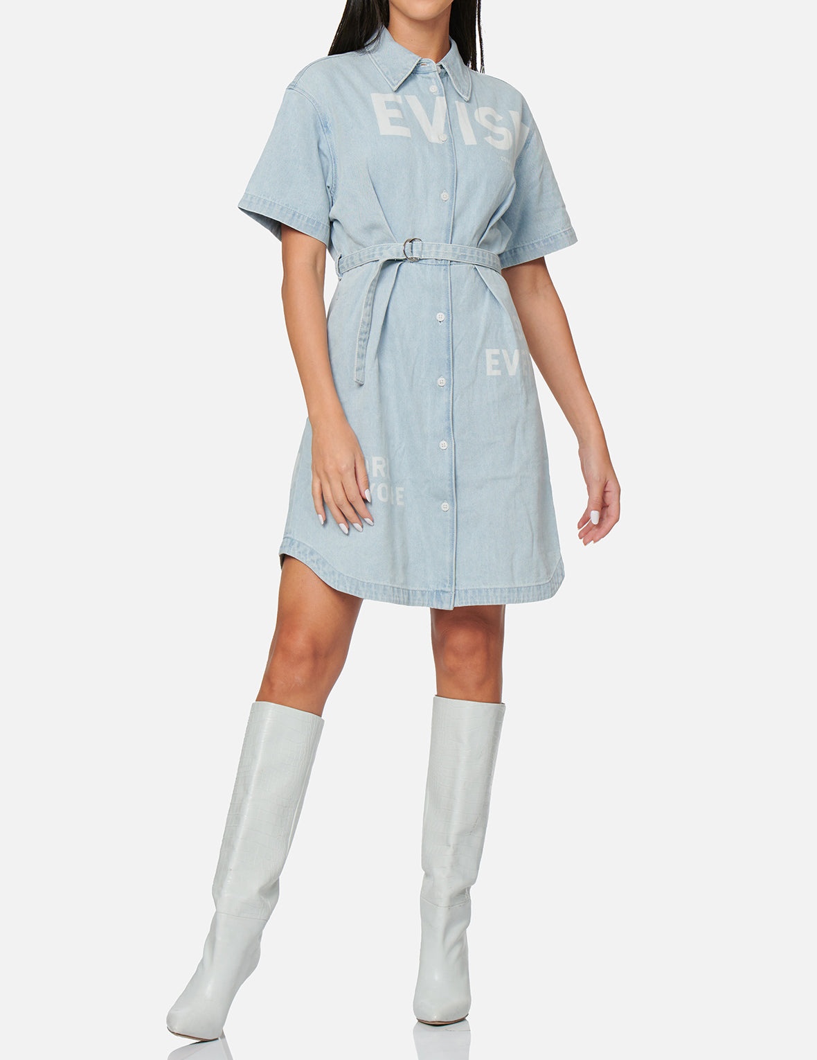 Logo Discharged Print Denim Shirt Dress - 5