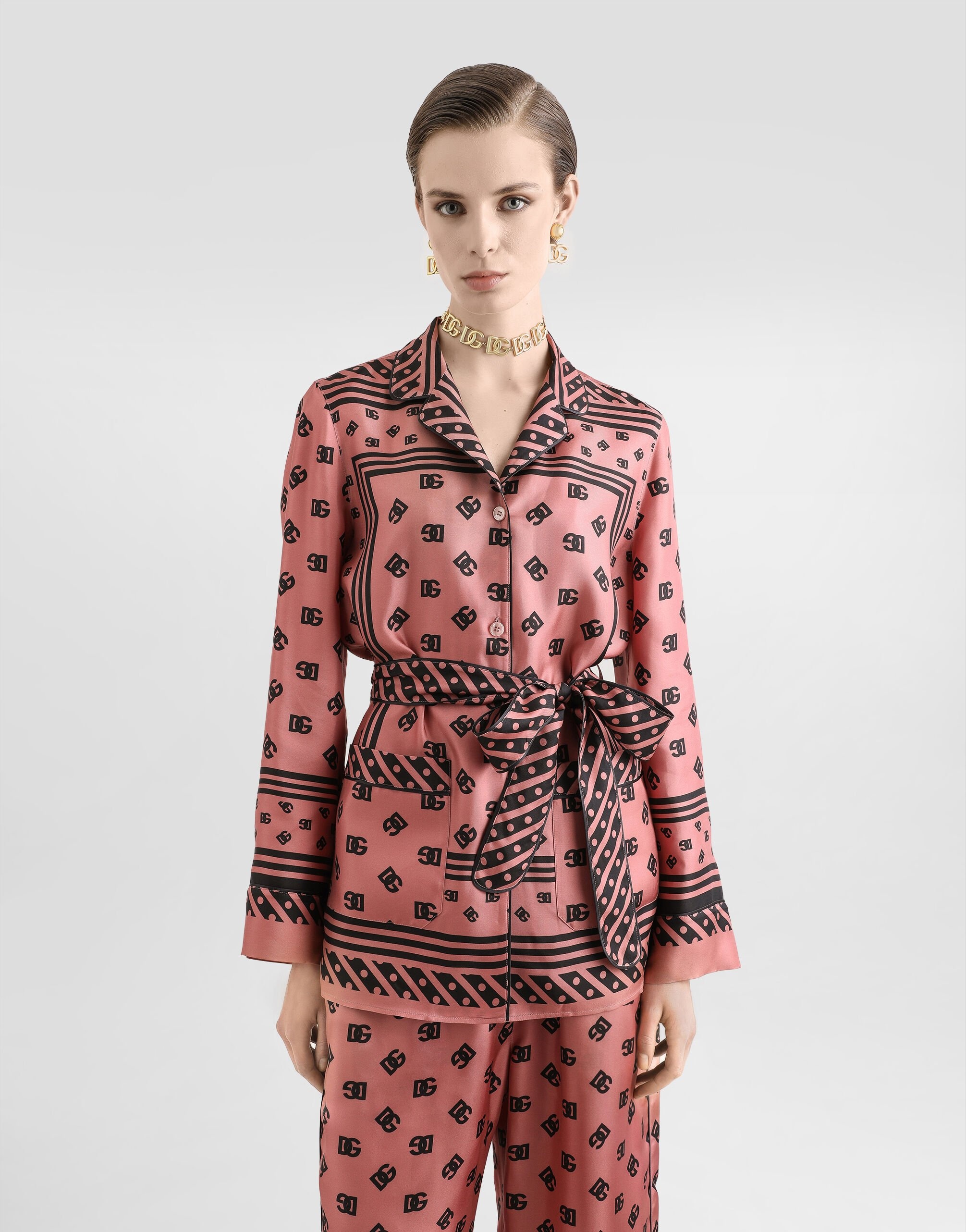 Silk twill pajama shirt with all-over DG logo scarf print - 4