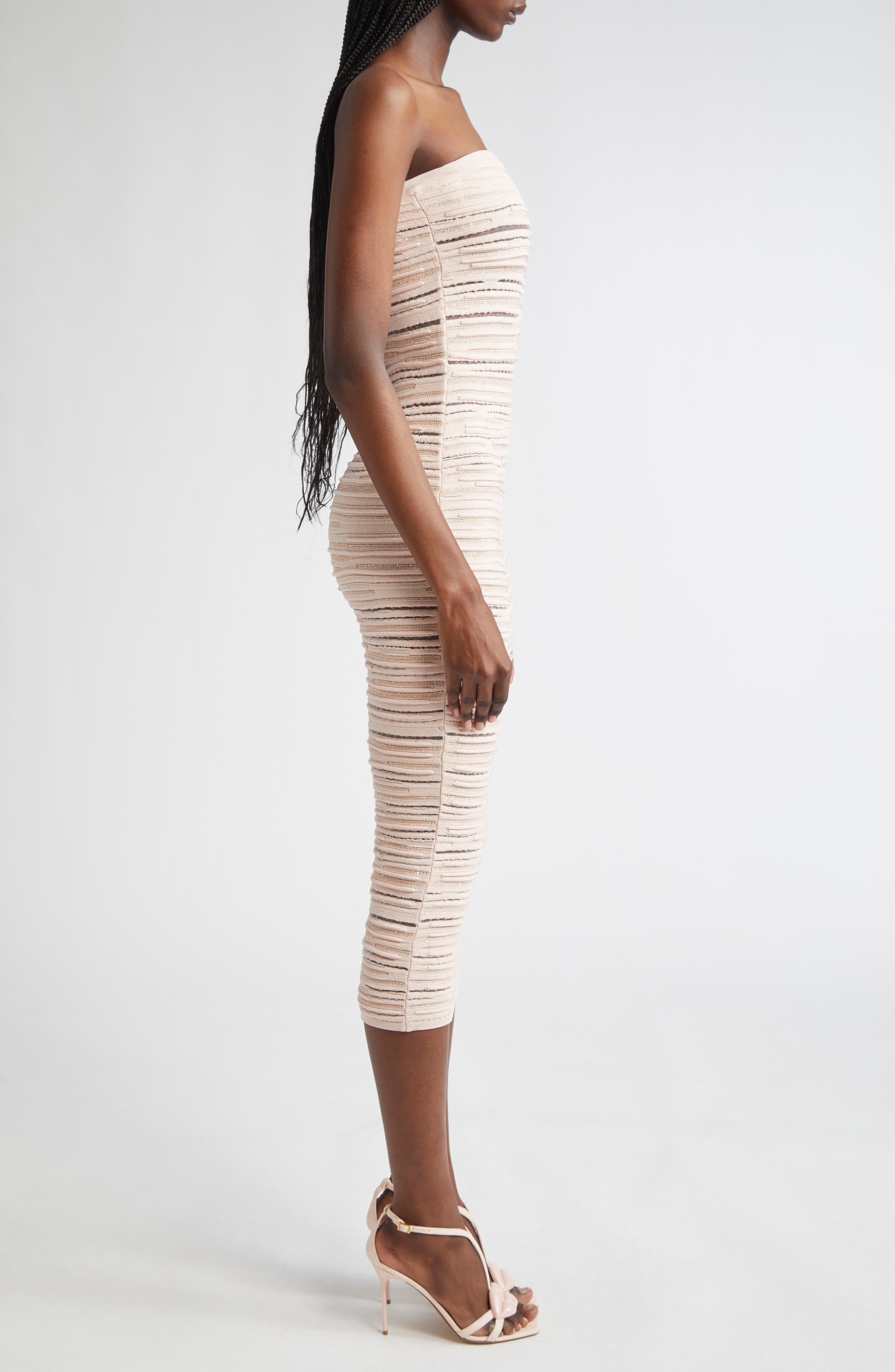 Balmain Textured Stripe Strapless Knit Body-Con Dress in Beige Multi at Nordstrom - 3
