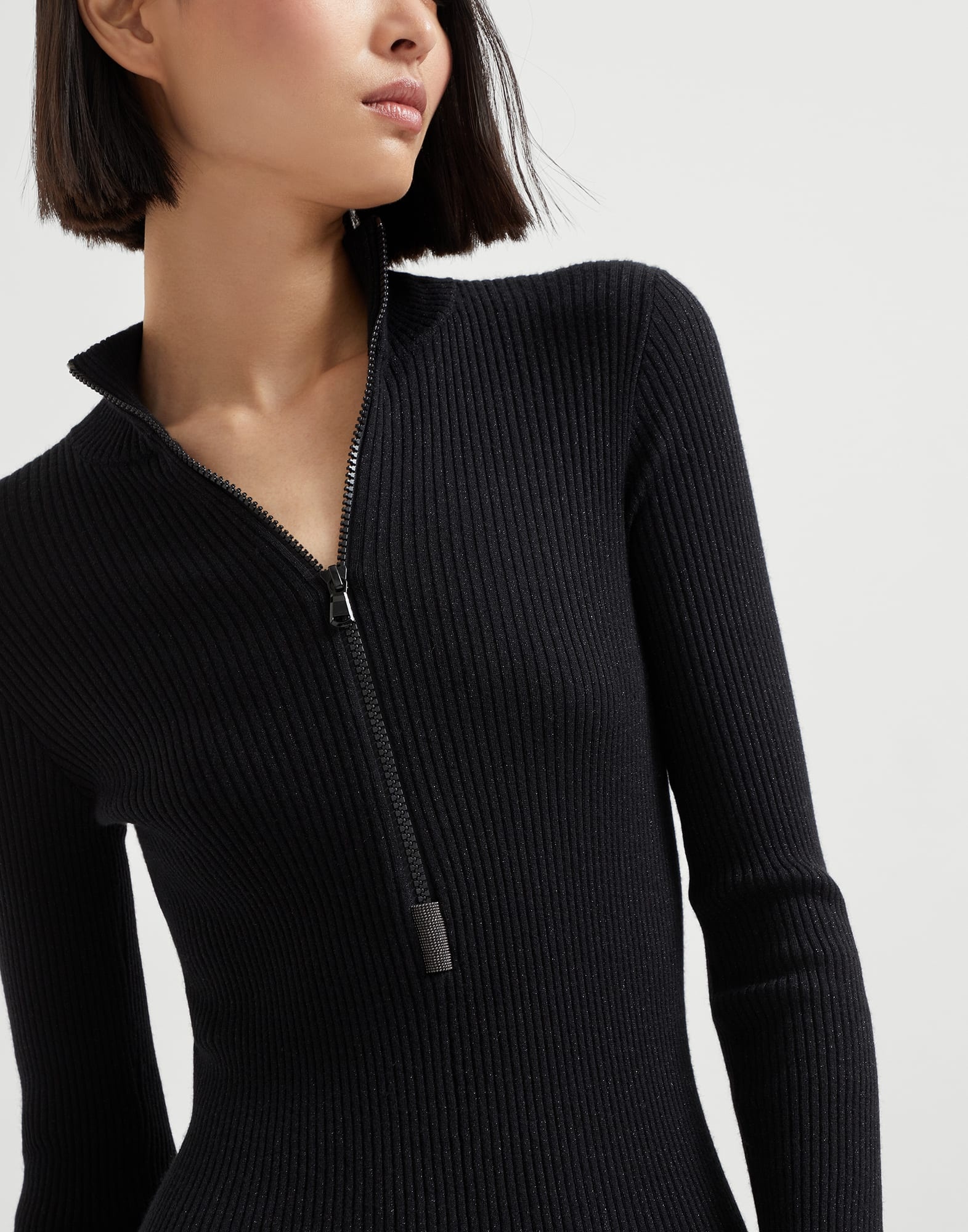 Sparkling cashmere and silk lightweight rib knit jumpsuit with half zip and shiny detail - 3