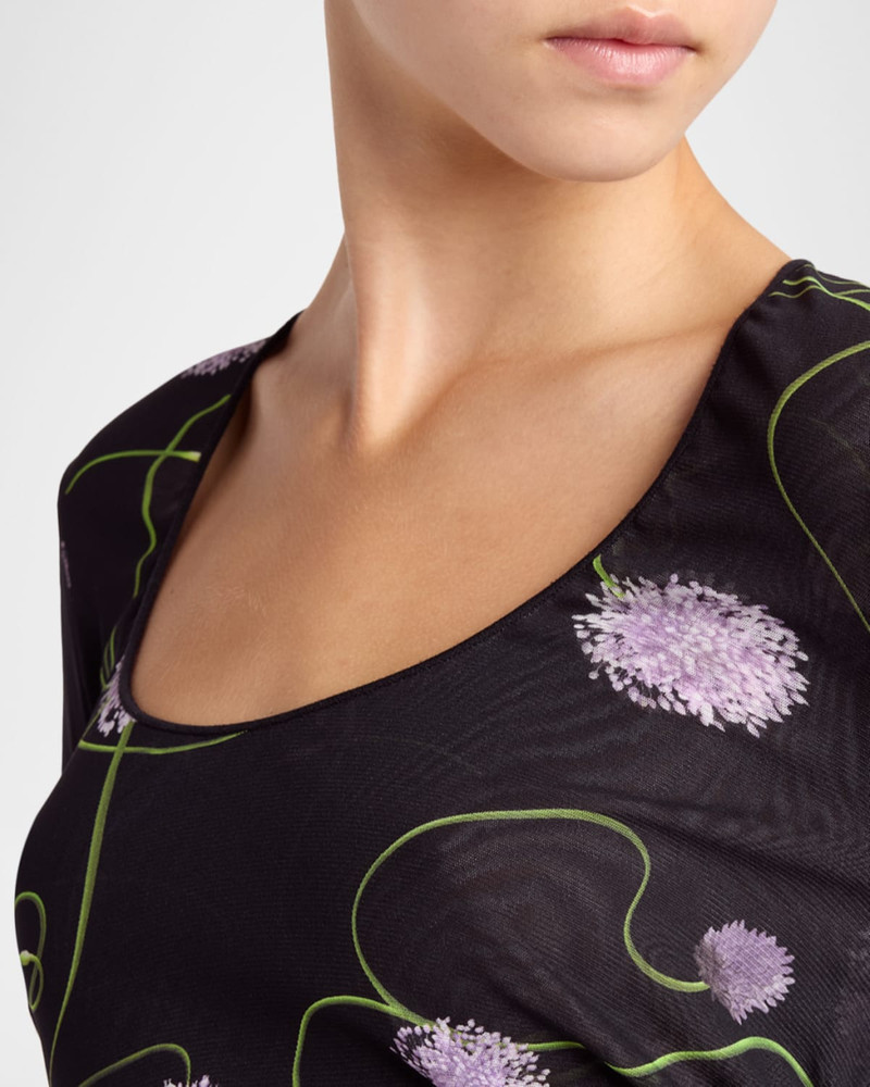 Twisted Flower-Print Ruched Mesh Long-Sleeve Dress 5