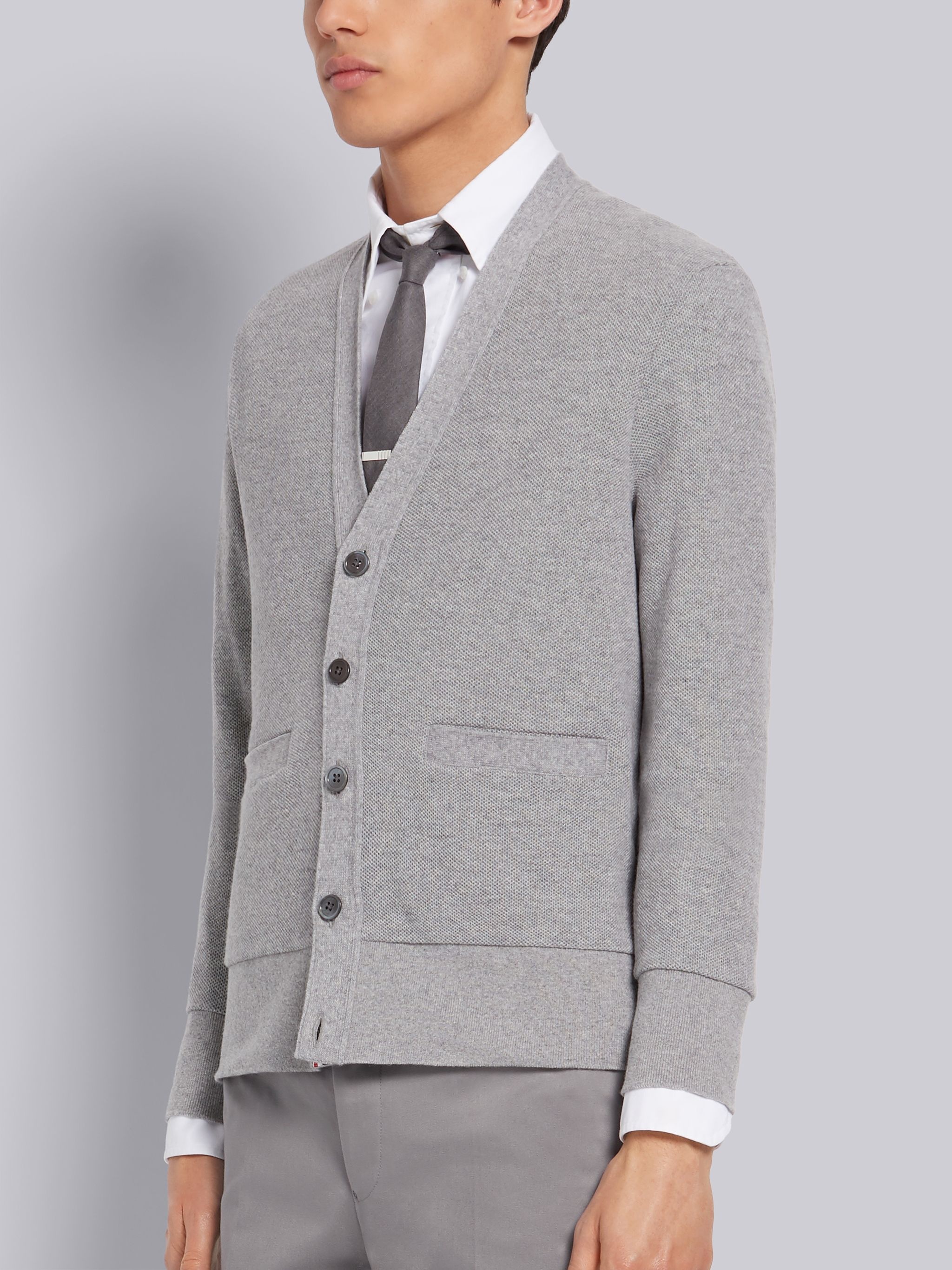 Light Grey Cashmere Pique V-Neck Cardigan - 2