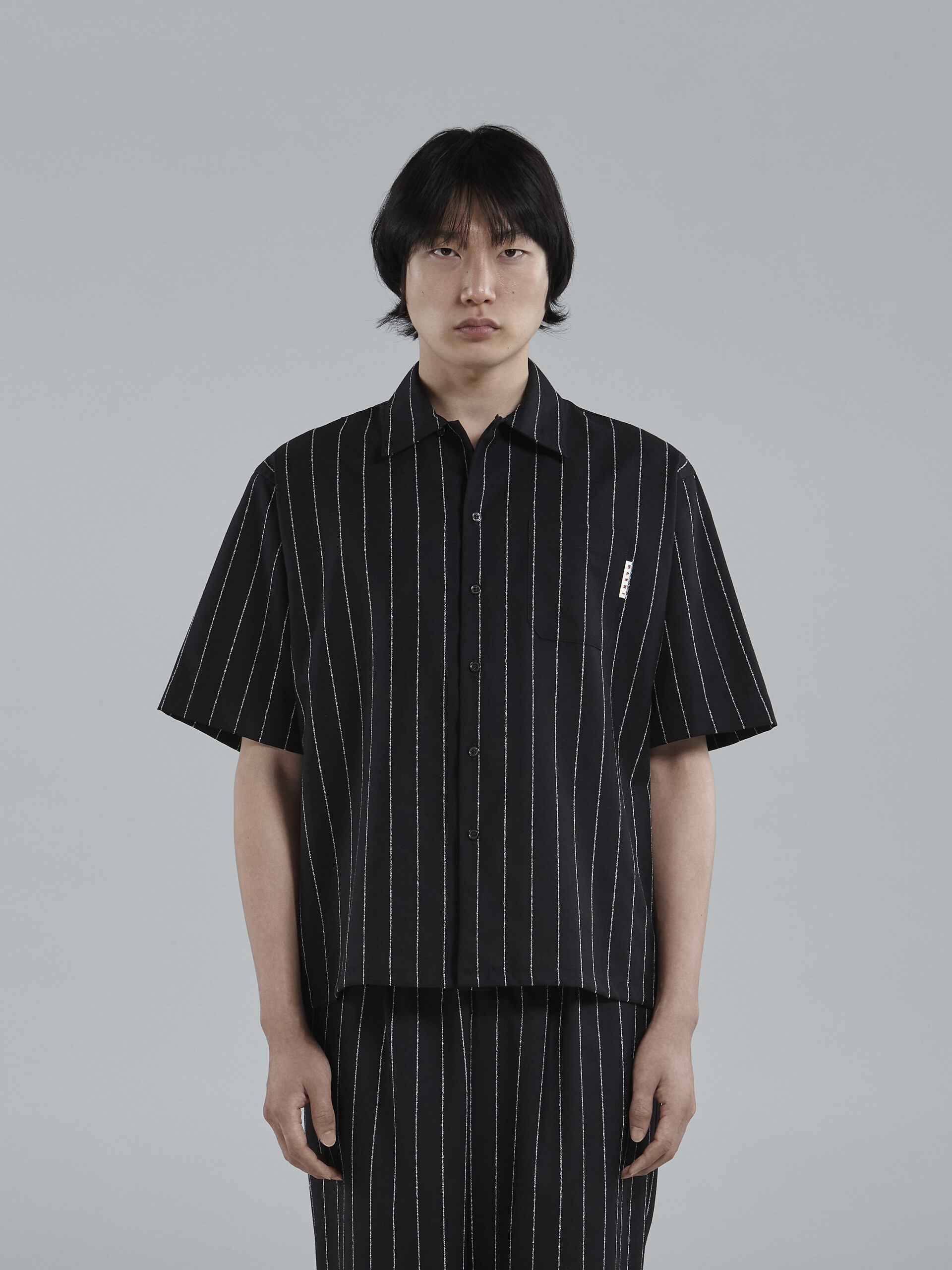 BLACK PINSTRIPED FRESCO WOOL BOWLING SHIRT - 2