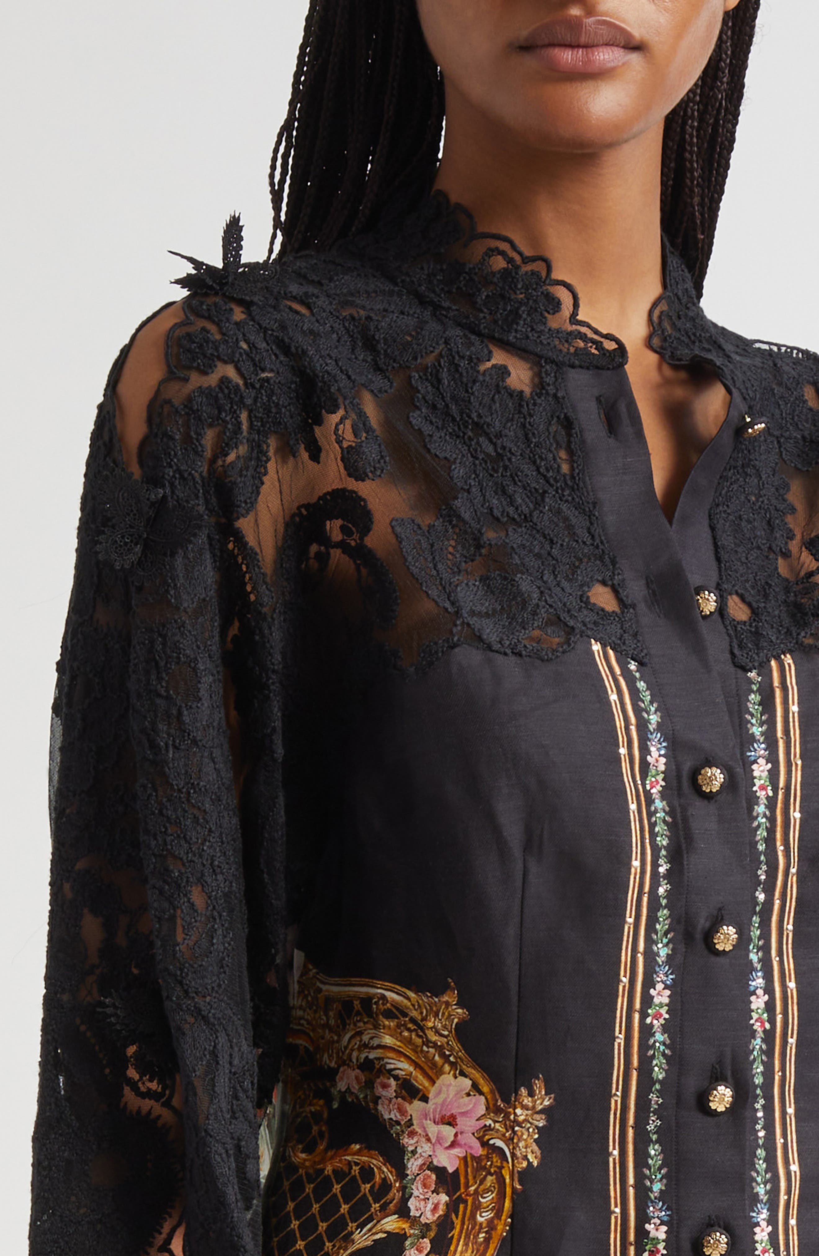 Camilla Noble Endeavors Lace Long Sleeve Linen & Silk Mini Shirtdress at Nordstrom - 4