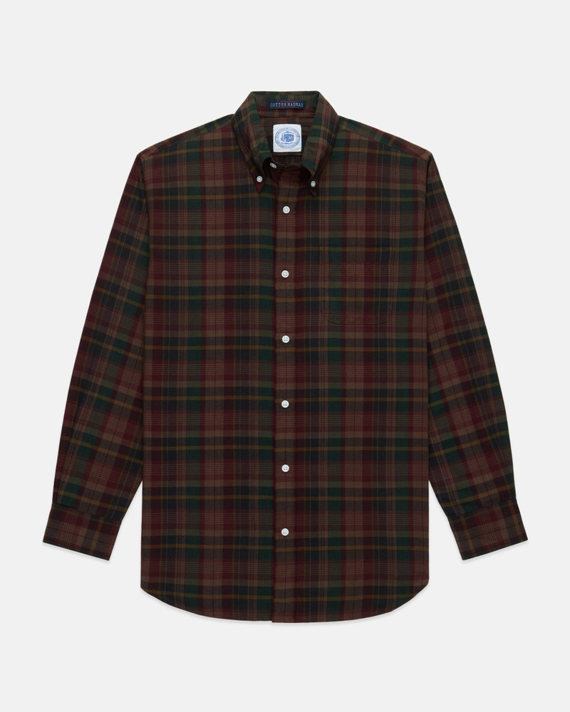 J. PRESS BURGUNDY, GREEN & NAVY OVERDYED MADRAS BUTTON DOWN SHIRT outlook