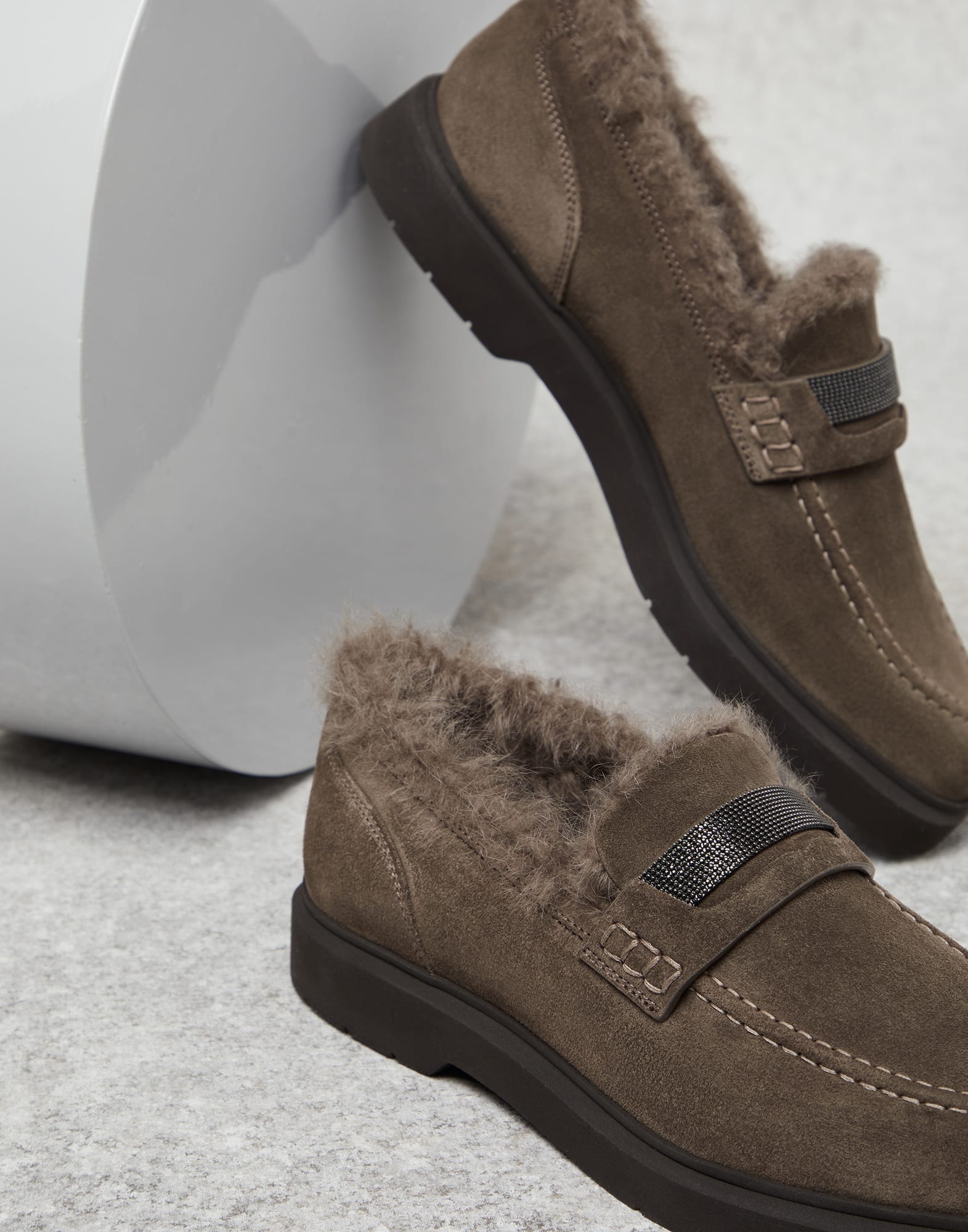 Suede penny loafers with shearling lining and precious insert - 3