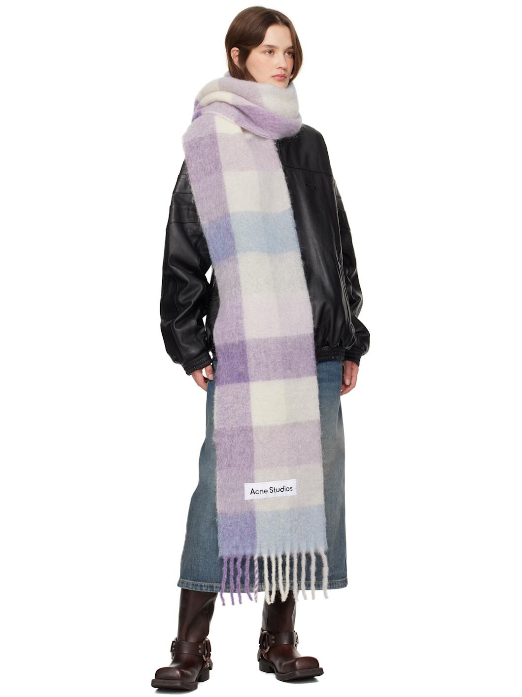 Purple & White Mohair Checked Scarf - 2