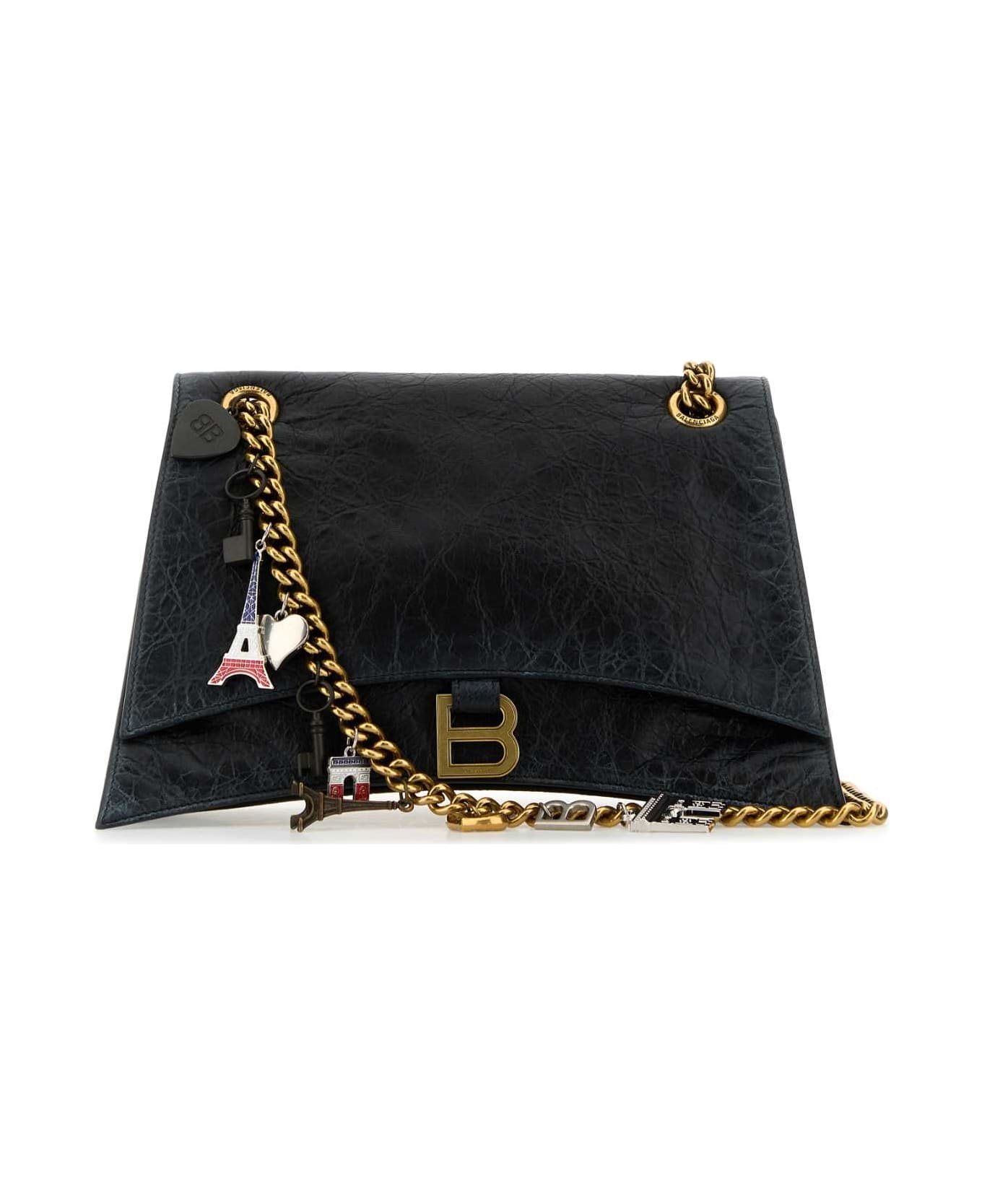 Black Leather Medium Crush Chain Shoulder Bag - 1