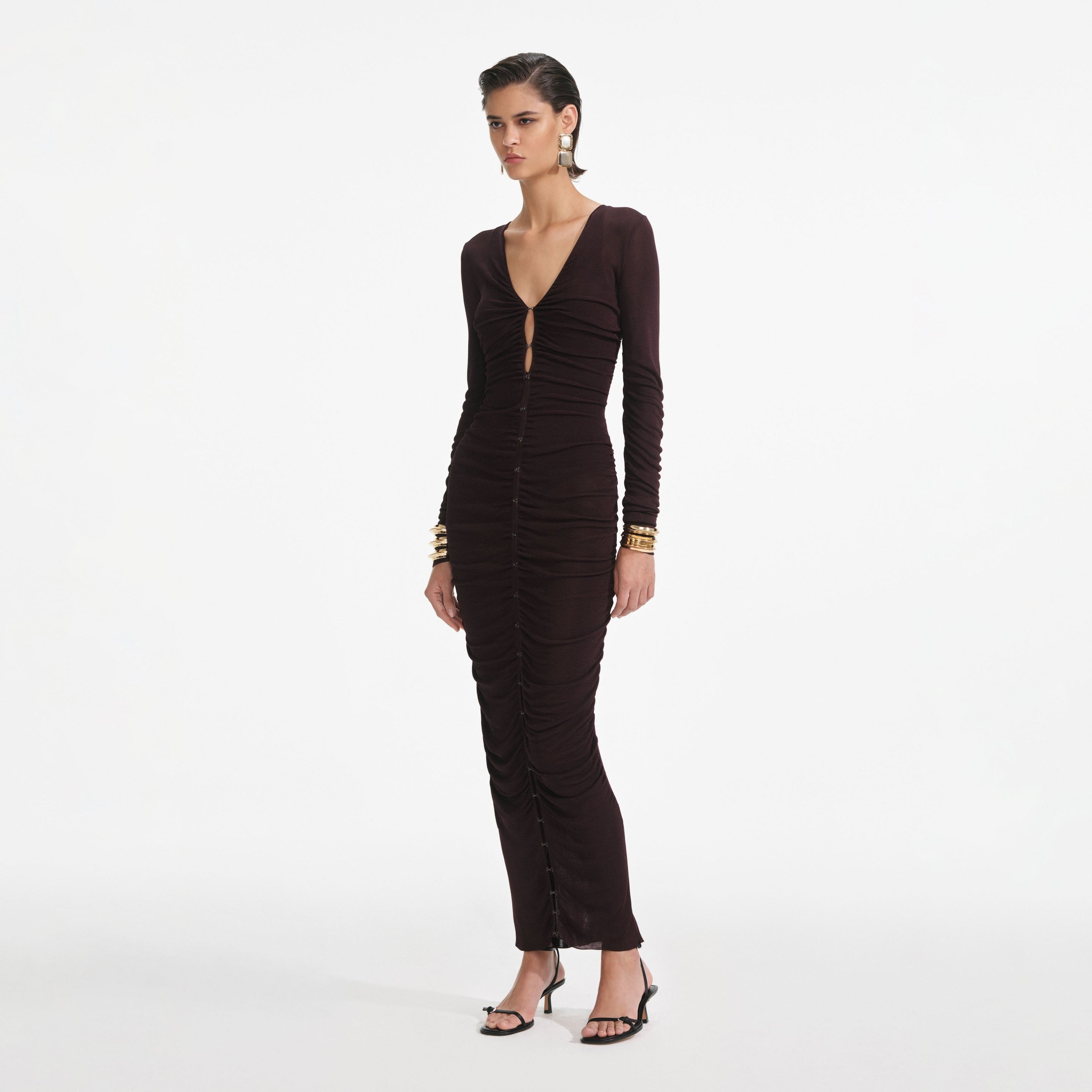 Brown Gathered Viscose Knit Midi Dress - 2