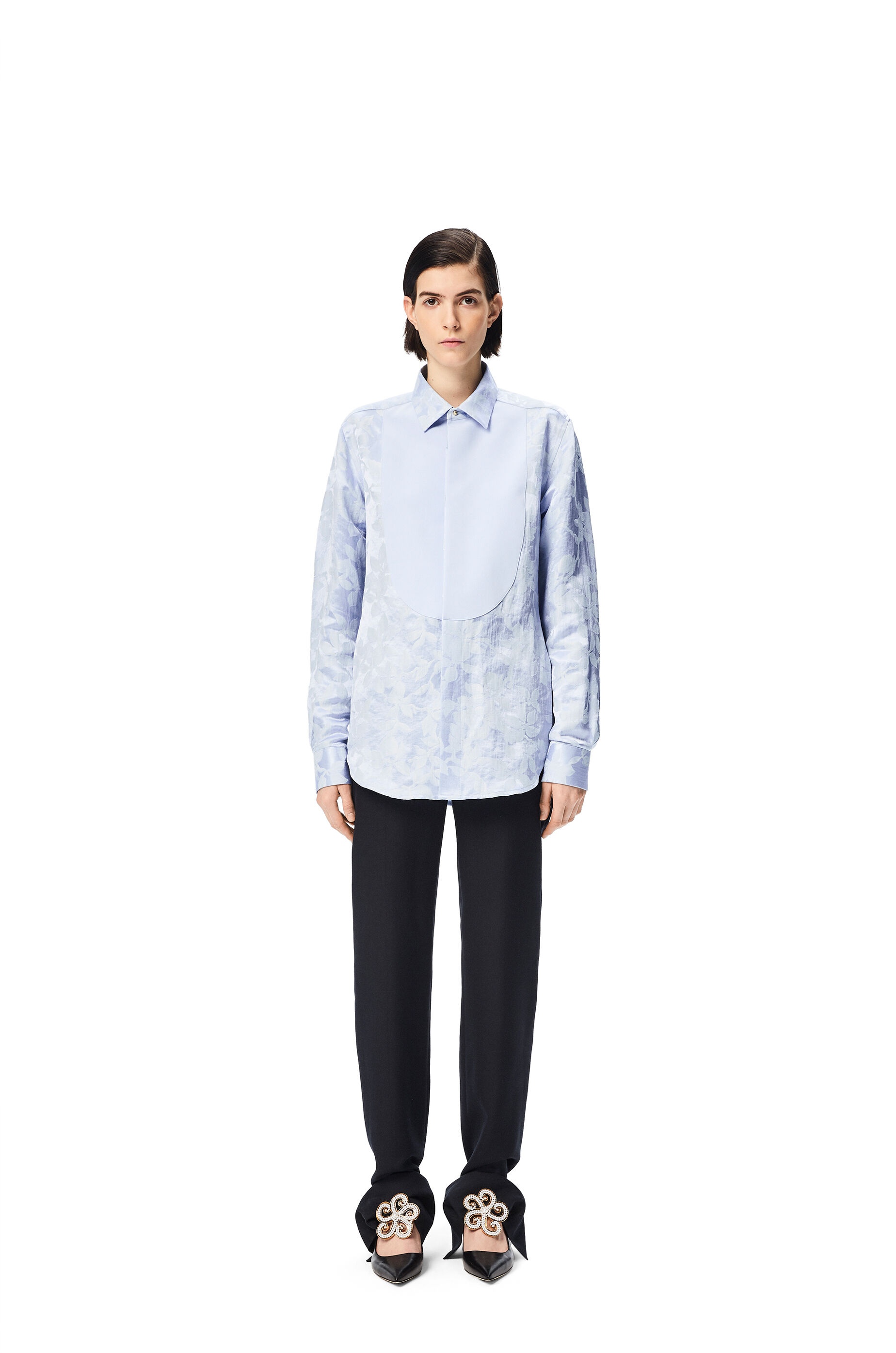 Flower jacquard bib shirt in linen and silk - 2