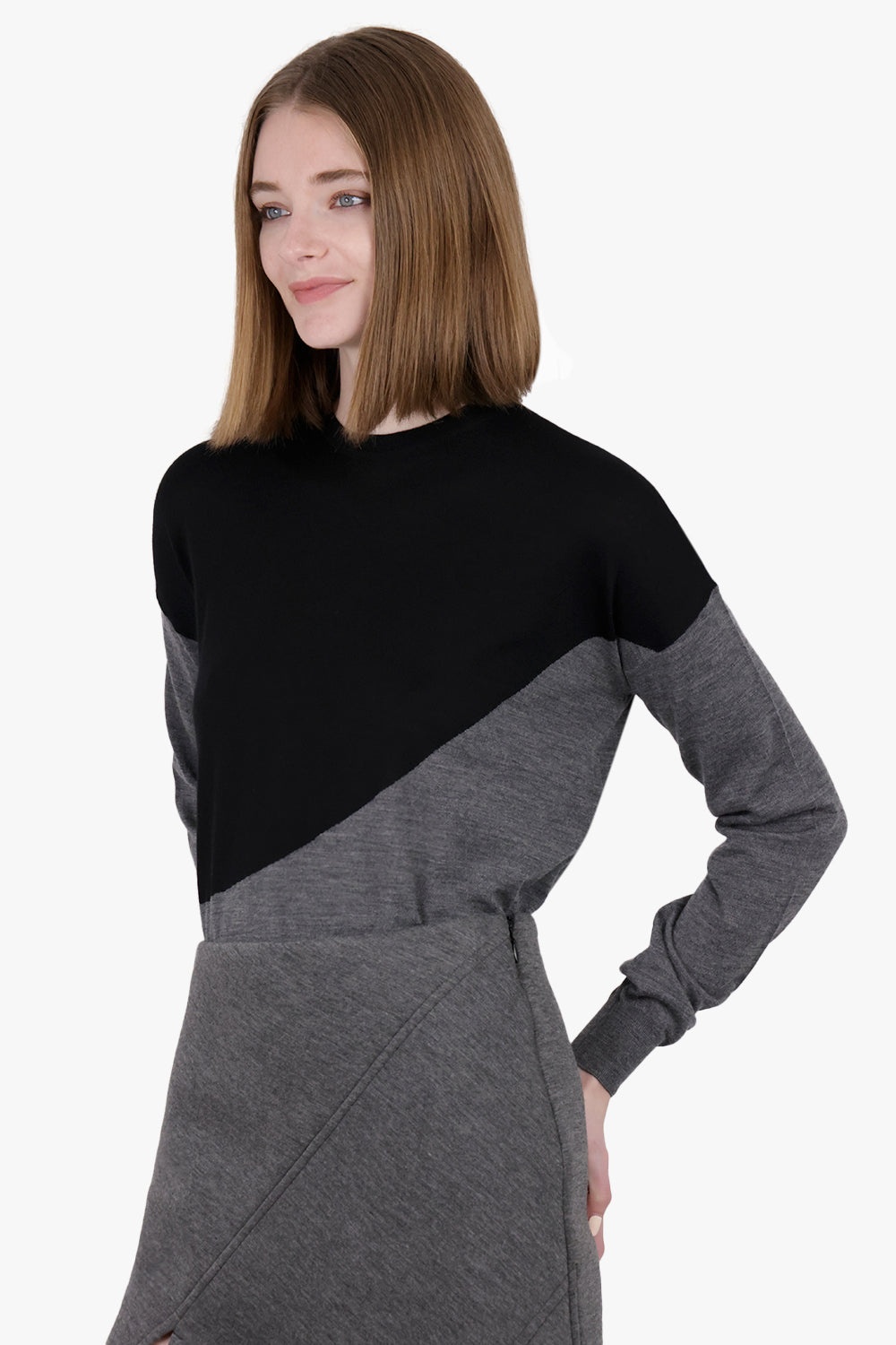 CREWNECK L/S CONTRAST PANEL KNIT | BLACK/GREY - 2