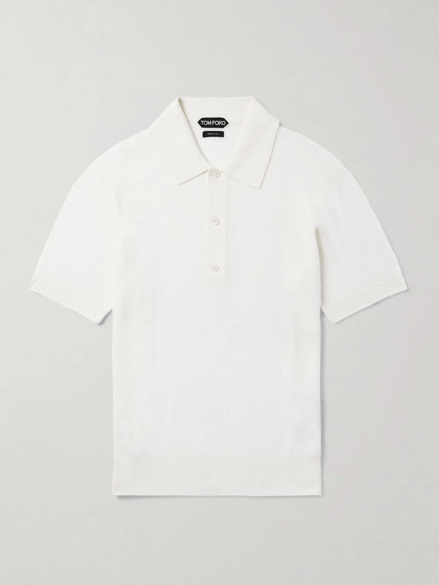 Slim-Fit Waffle-Knit Wool Polo Shirt White - 1