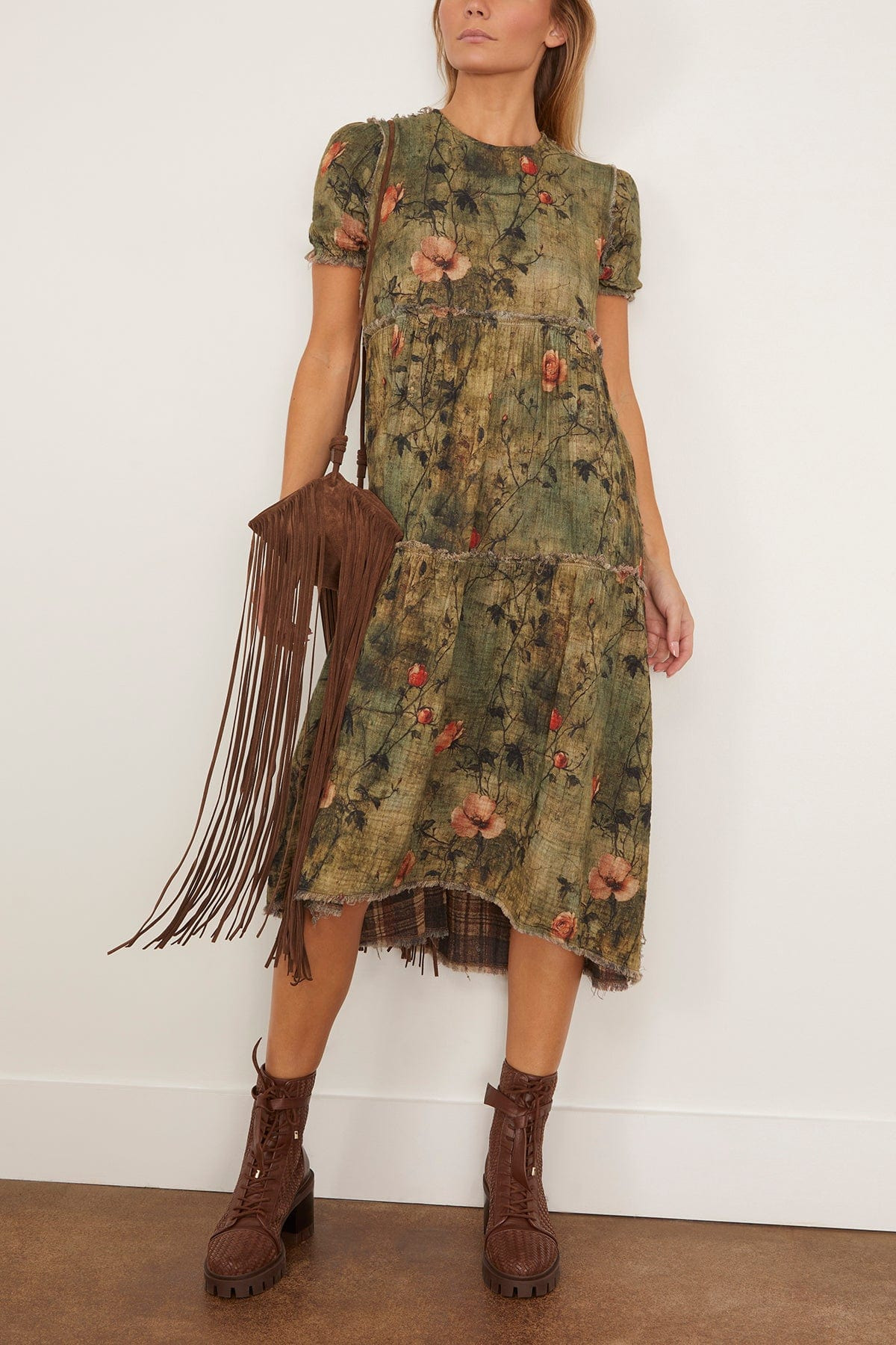 Reversible Shredded Relaxed Midi Dress in Plaid with Turquoise Floral - 2