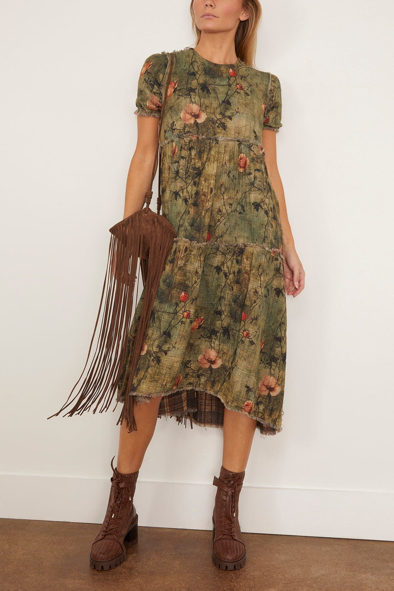 R13 Reversible Shredded Relaxed Midi Dress in Plaid with Turquoise Floral outlook