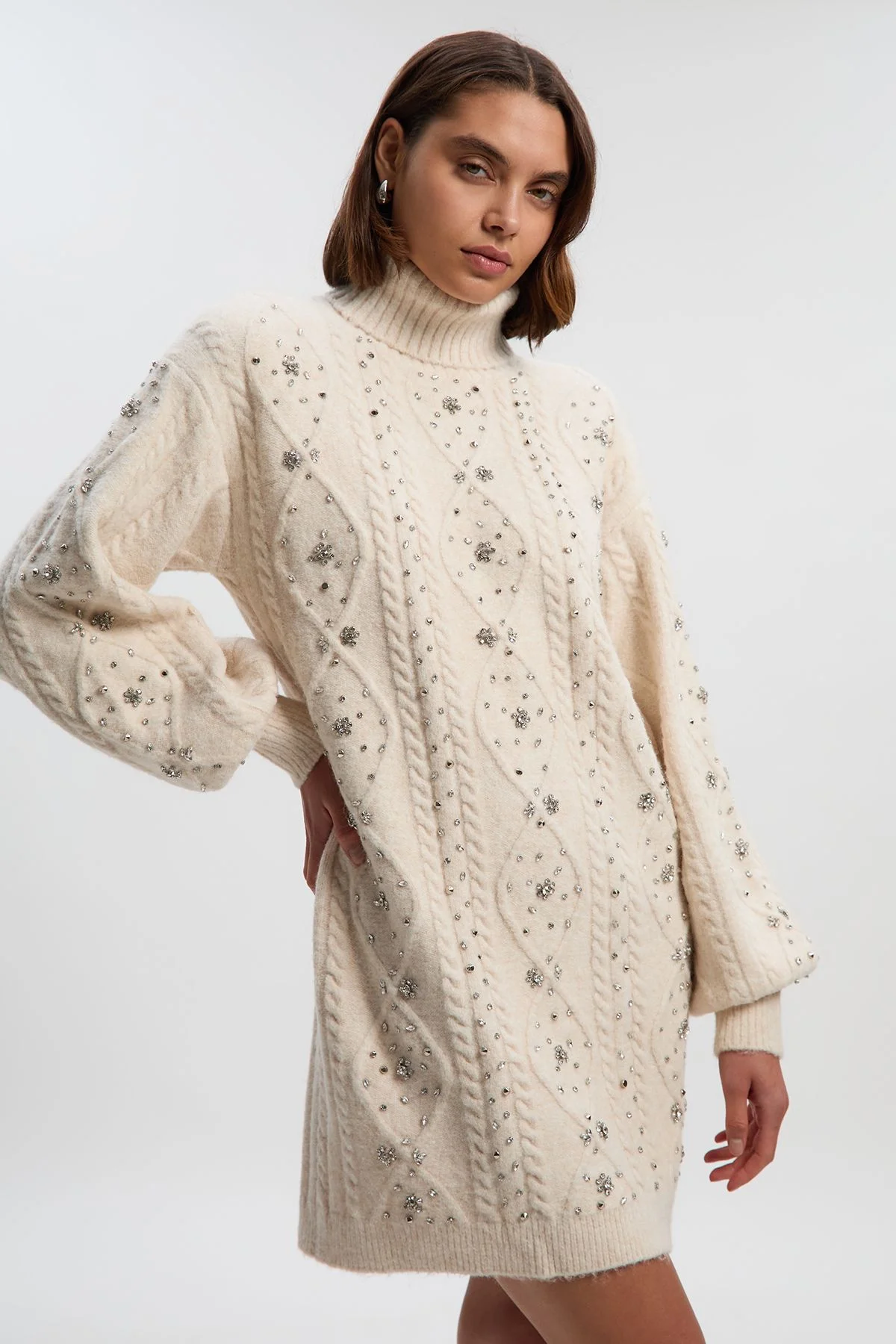 Wool Blend Embellished Cable Knit Jumper Mini Dress - 1