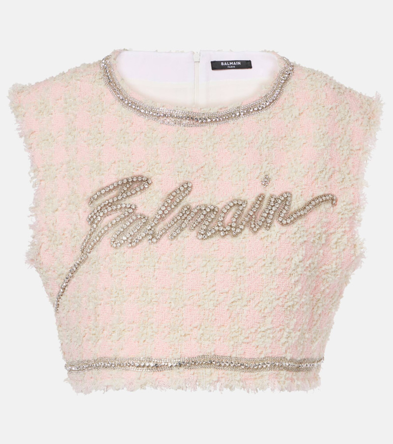 Logo embellished bouclé crop top 1