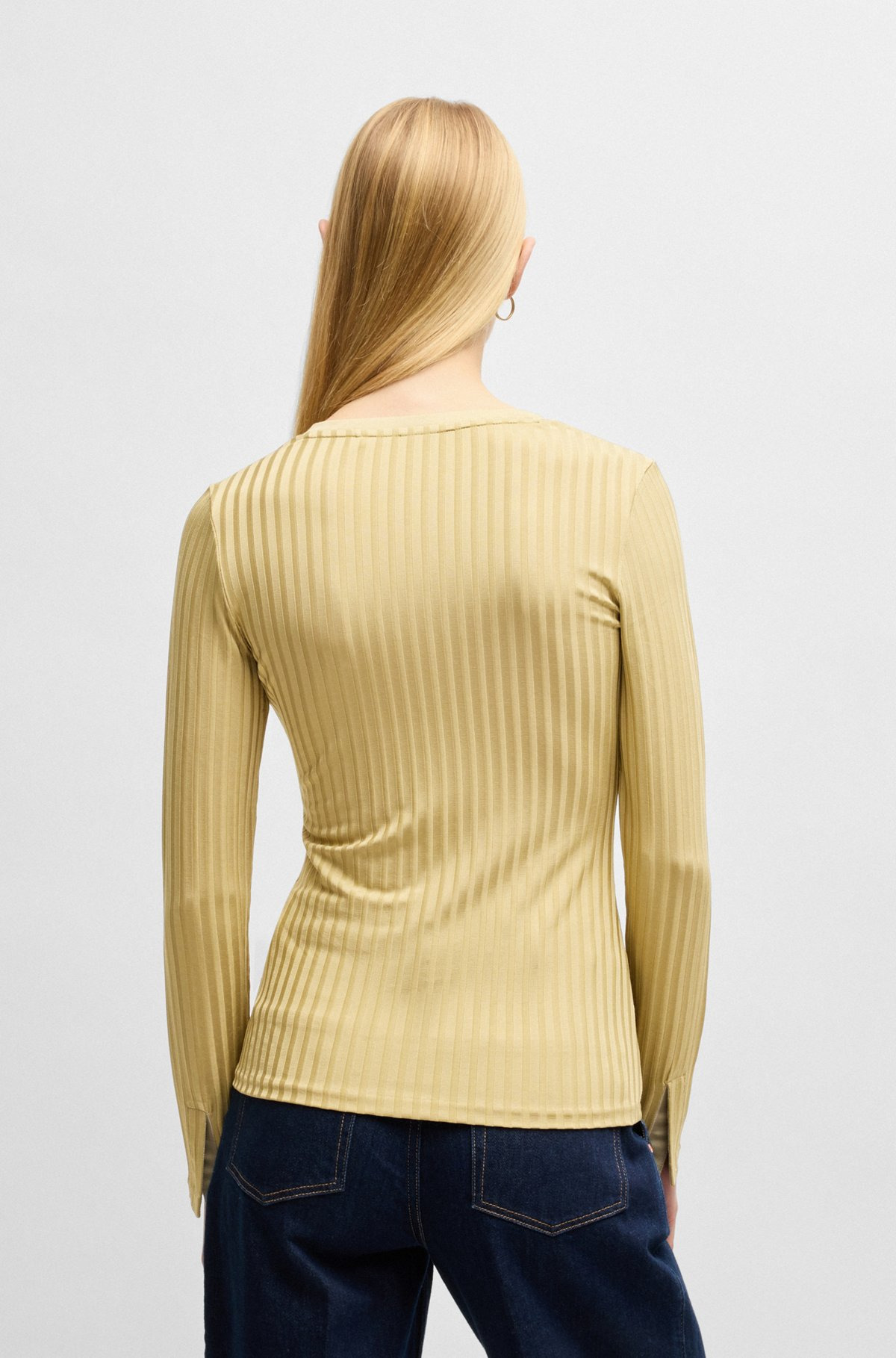LONG-SLEEVED V-NECK TOP IN LUSTROUS RIBBED JERSEY - 4