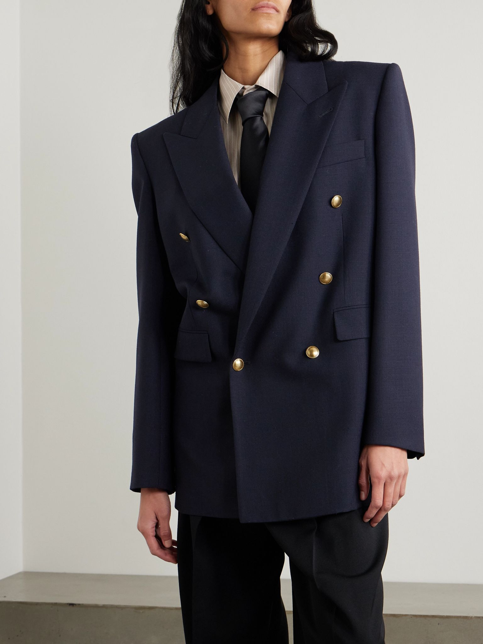 Oversized double-breasted grain de poudre wool blazer Blue - 3